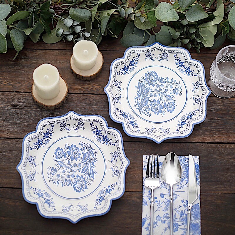 25 White Blue 8 in Floral Disposable Dessert Paper PLATES Scallop Trim Party