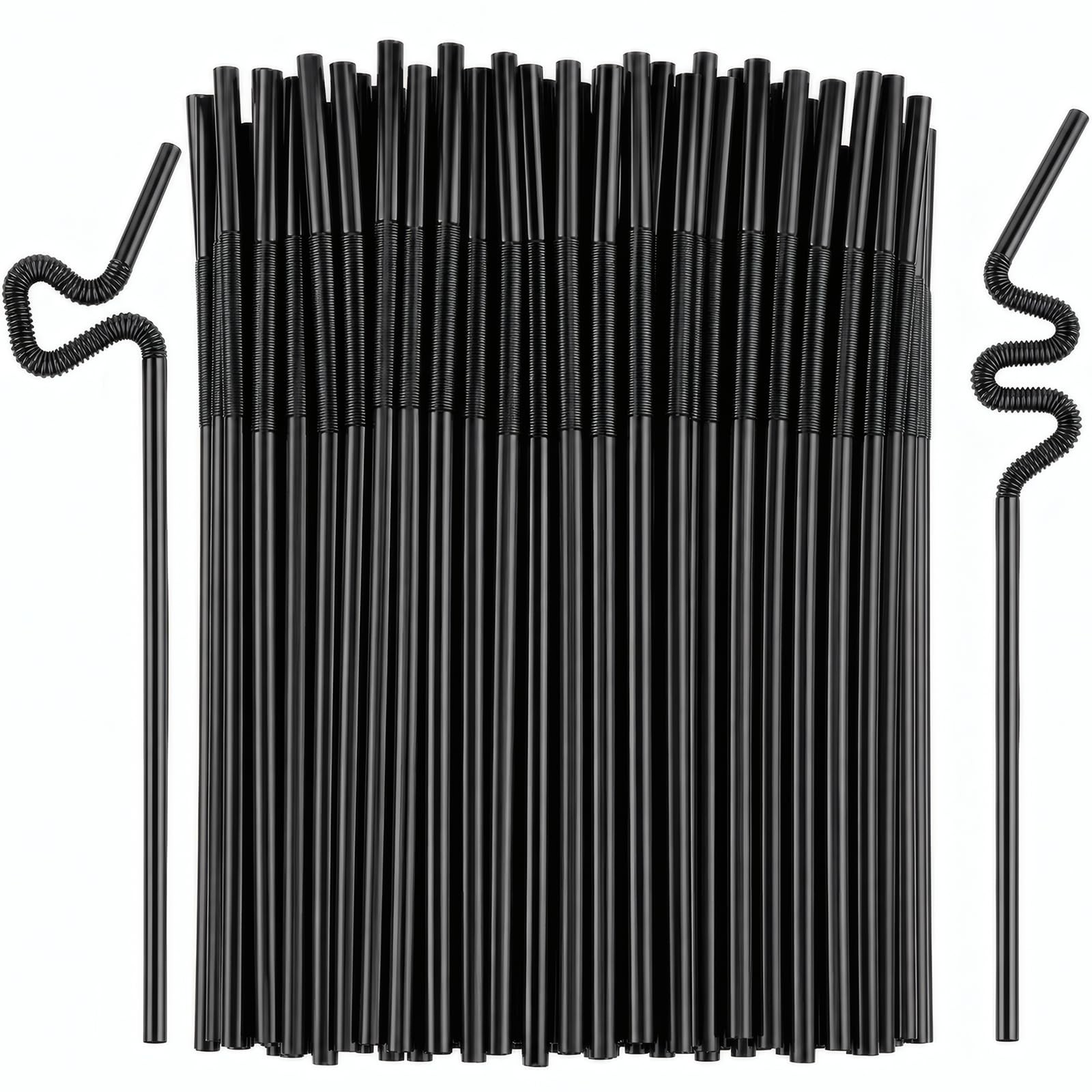 ALINK 200 PCS Black Flexible Plastic Straws, 10.23″ Long Stretch to 13″, 0.24″ D