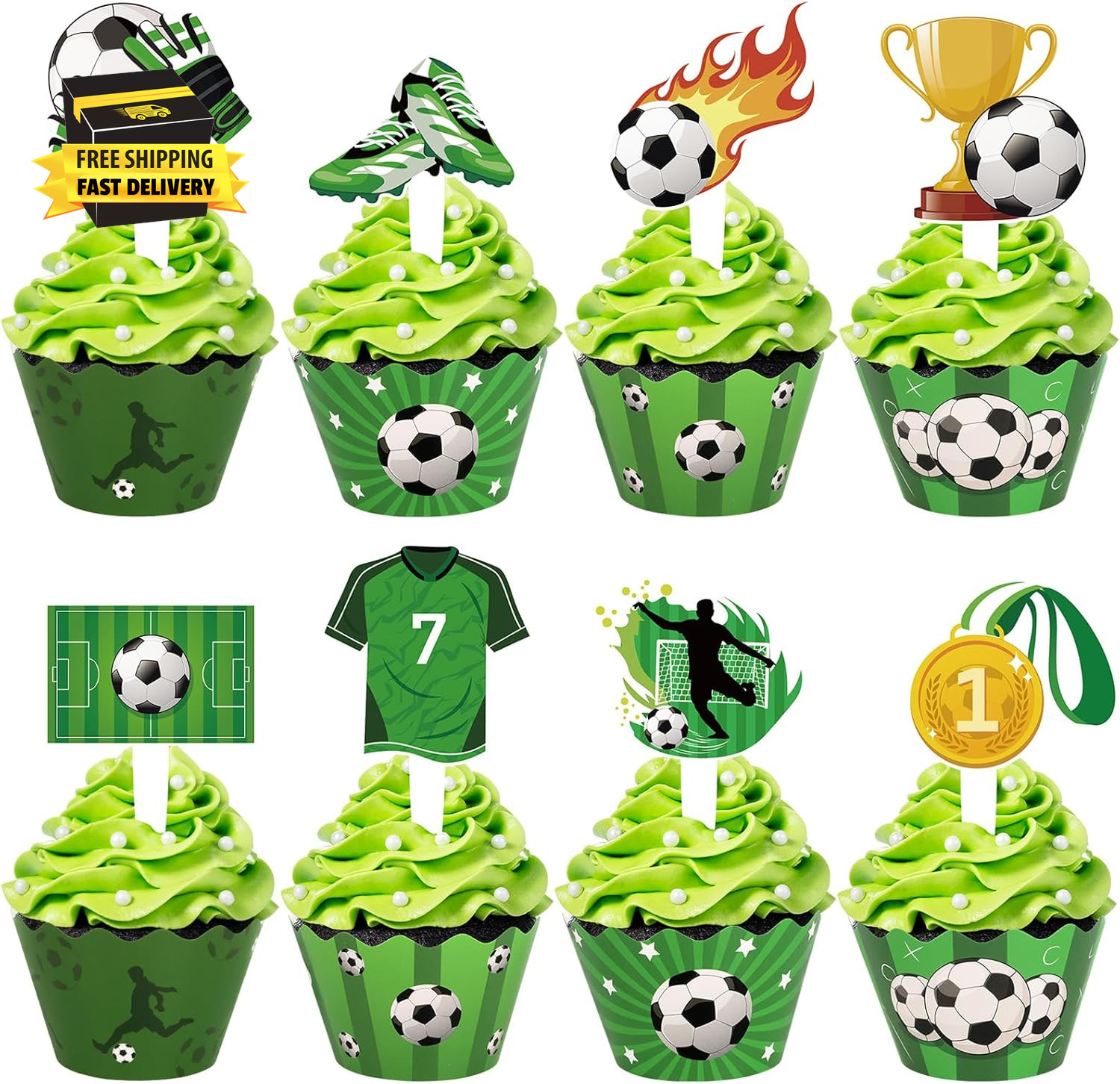 48 Pack Soccer Cupcake Toppers and Wrappers, Soccer Ball Party Cake Decoration f