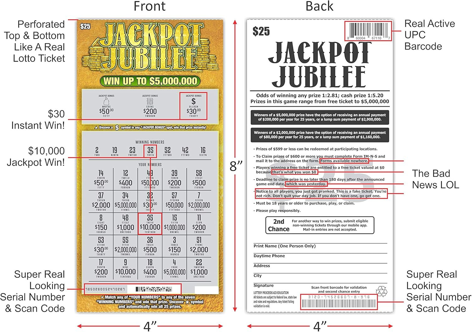 Prank Gag Fake Lottery Tickets – 8 Total Tickets, 4 of Each Winning Tick