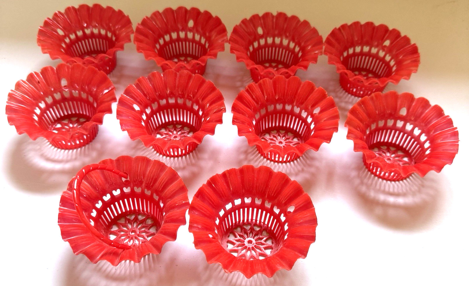 Vintage Lot of 10- 50s/60s Heart Red Plastic Baskets Party Favors Celloid Shower