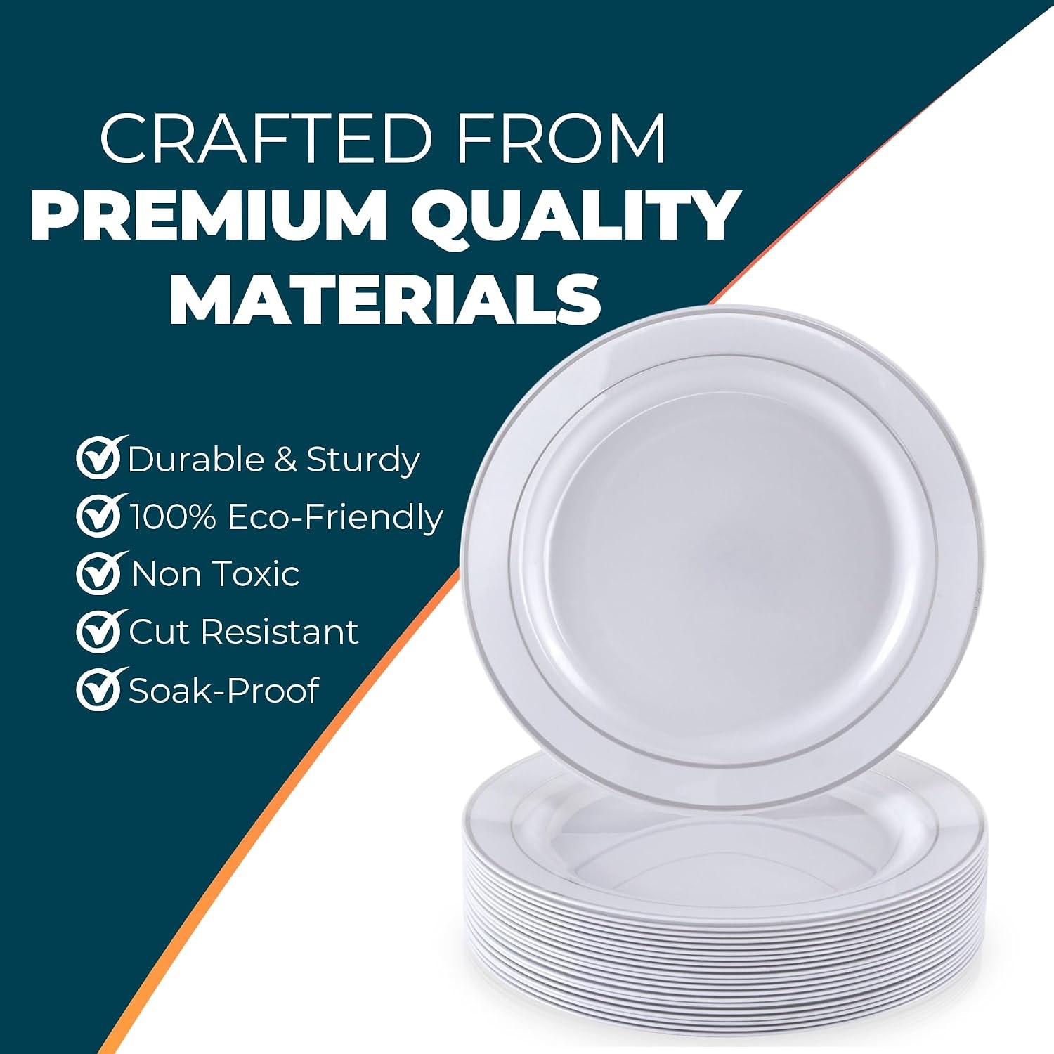 Glare Collection White/Silver Disposable Plastic Dessert Plates – 6″ (Pack of
