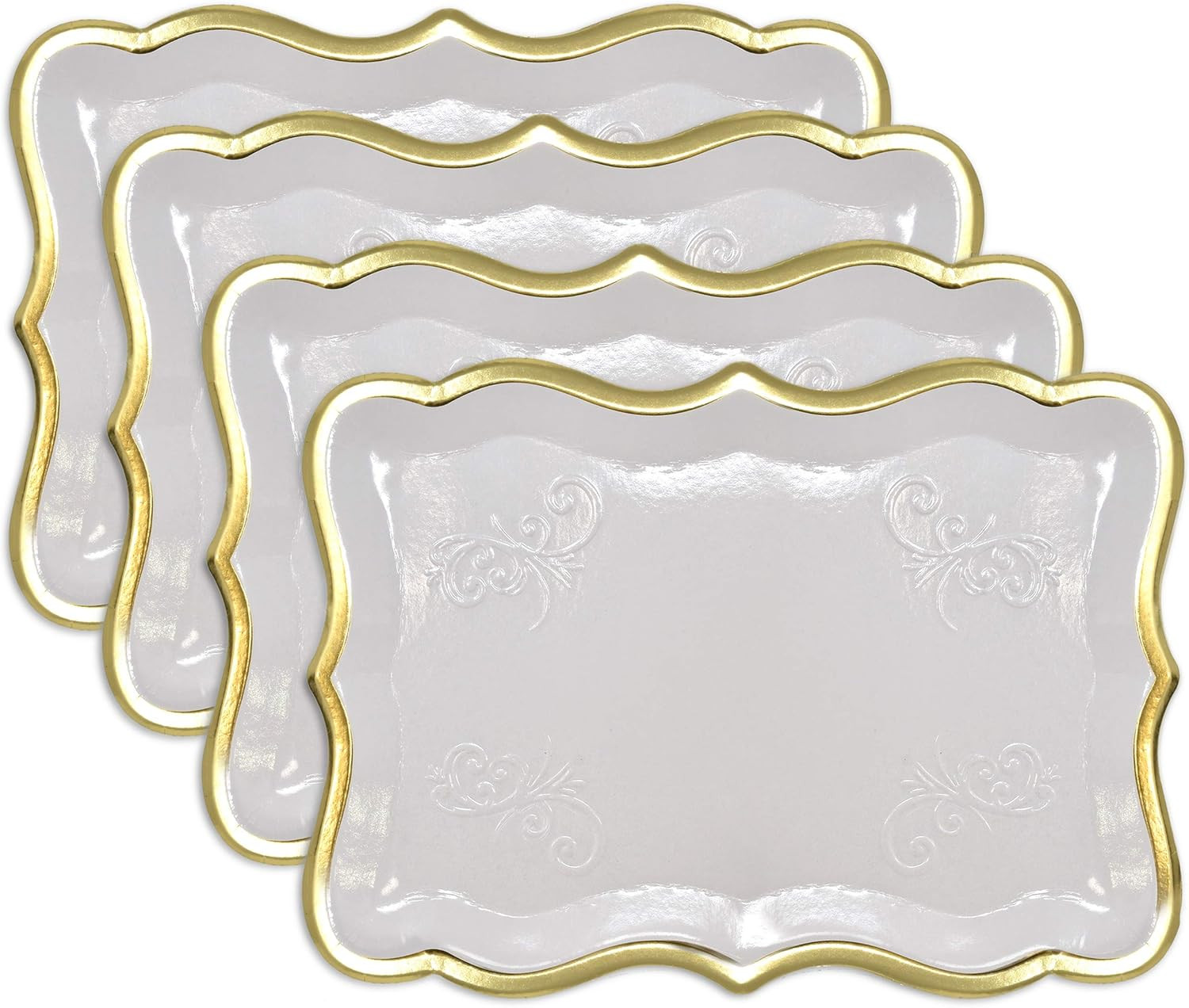10 White Rectangle Trays with Gold Rim Border for Dessert Display Table Parti…