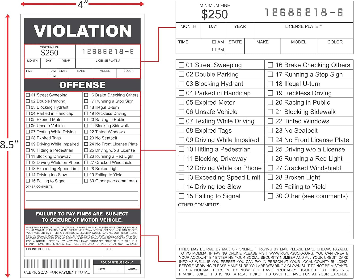 Fake Parking Tickets Prank – Qty 25, Joke Violation Parking, Funny Gag