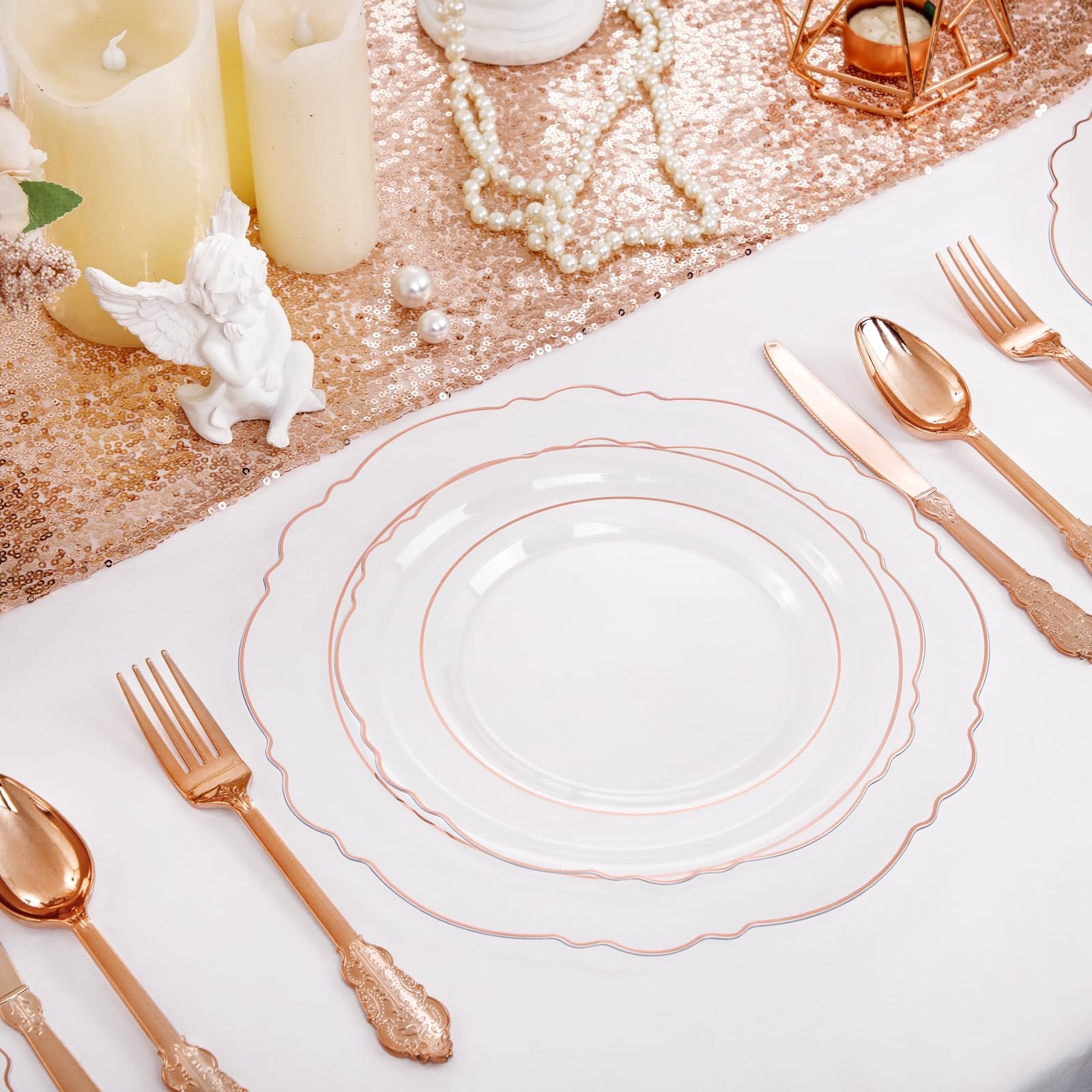 100pcs Rose Gold Plates Plastic Disposable – Baroque Clear and Rose Gold Plat…
