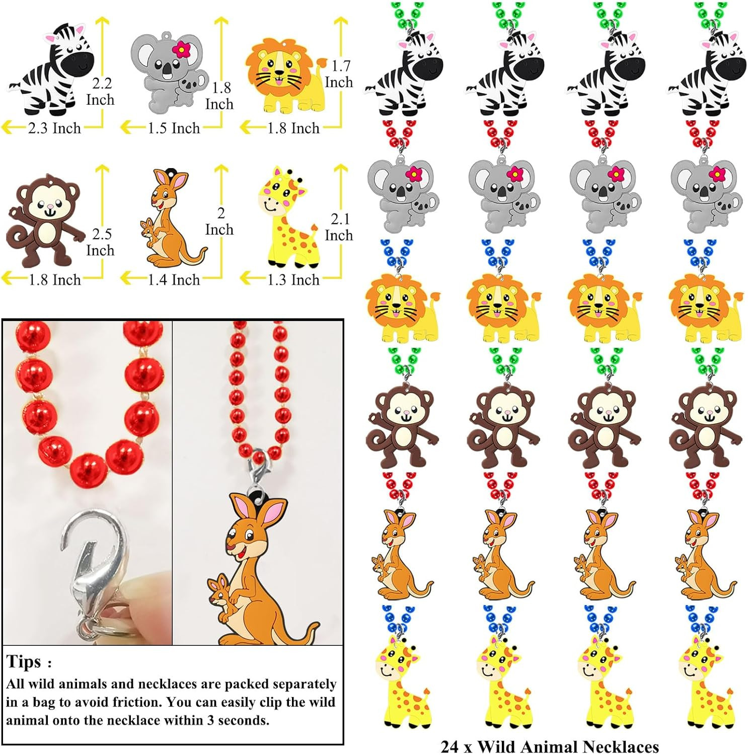 24 Pack Wild Animal Necklace Party Favors for Safari Animal Themed Baby Shower,
