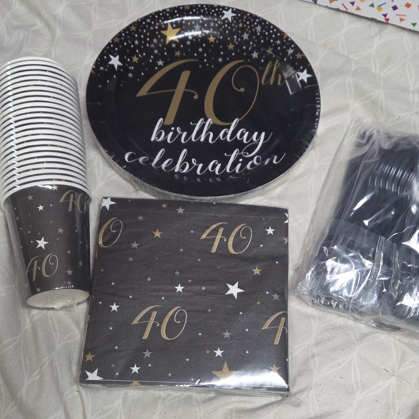 40th Birthday Party Tableware Set, Black/Gold/White Stars, Paper & Plastic