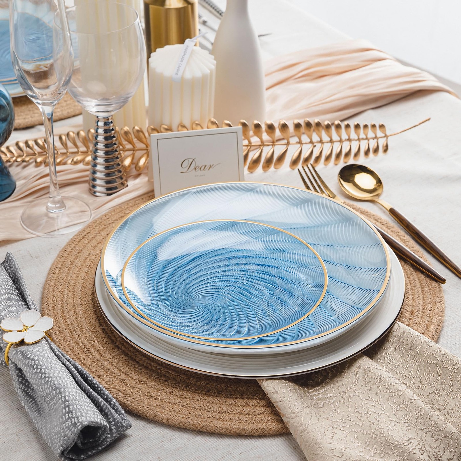 60PCS Blue Plastic Plates for Party, Heavy Duty Disposable Plate with Gold Ri…