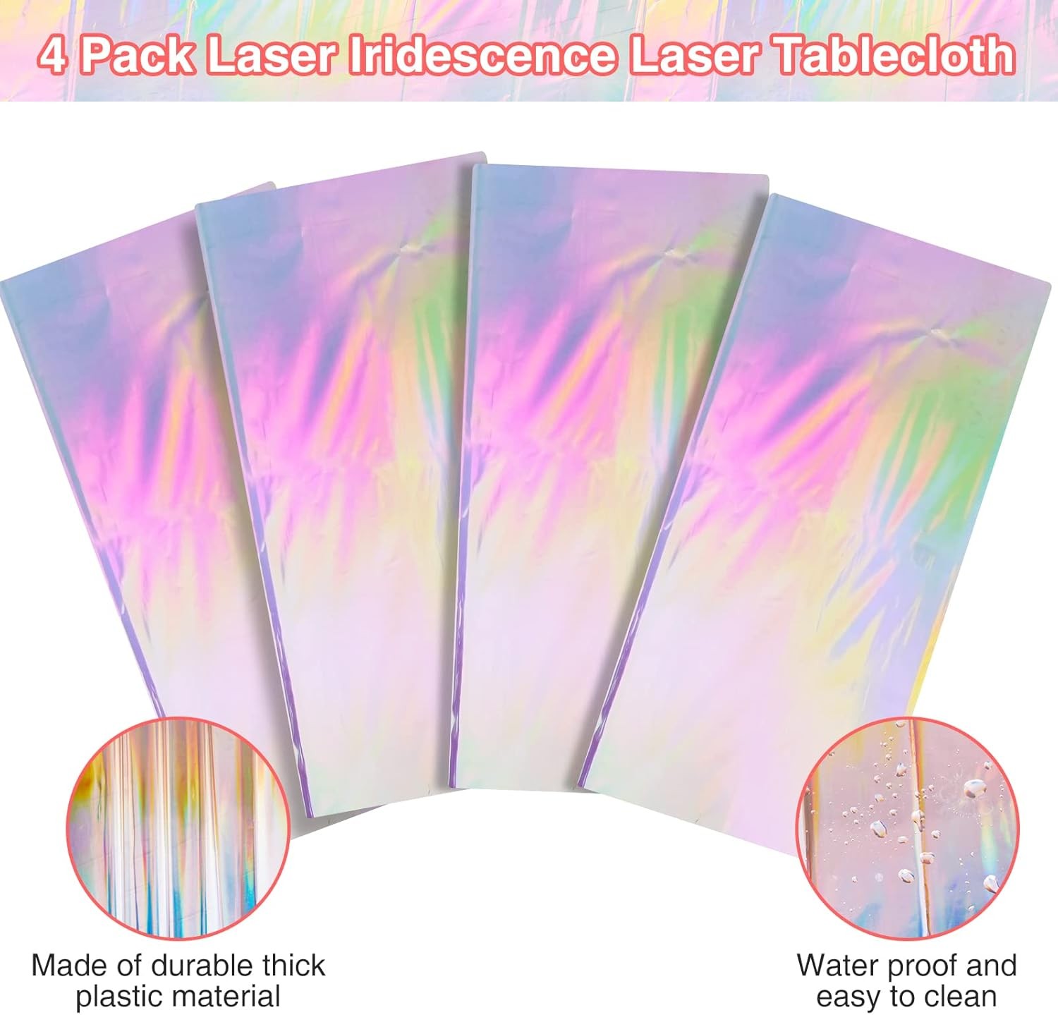 4 Pack Iridescent Plastic Tablecloths, Shiny Disposable Laser Rectangle Table