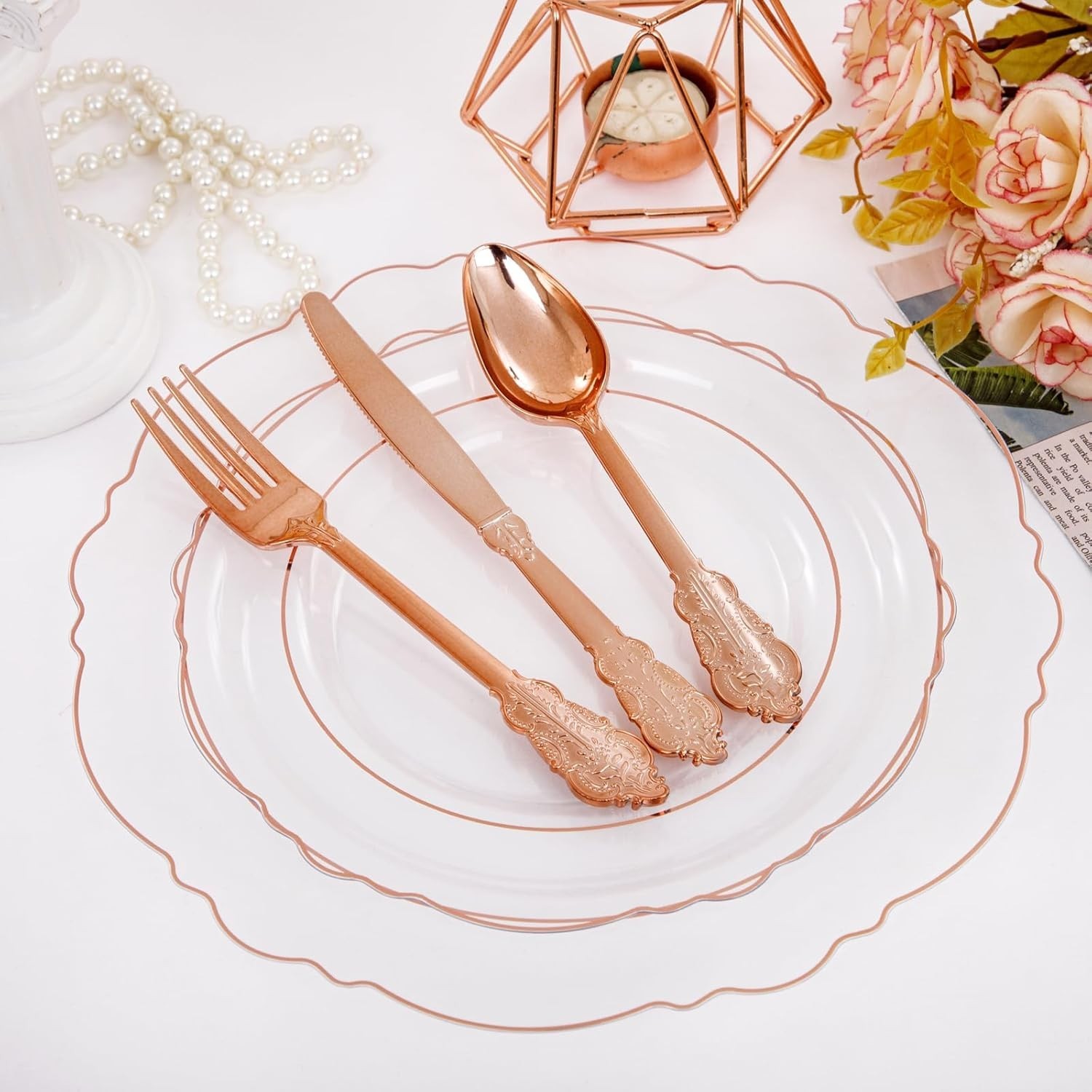 100pcs Rose Gold Plates Plastic Disposable – Baroque Clear and Rose Gold Plat…