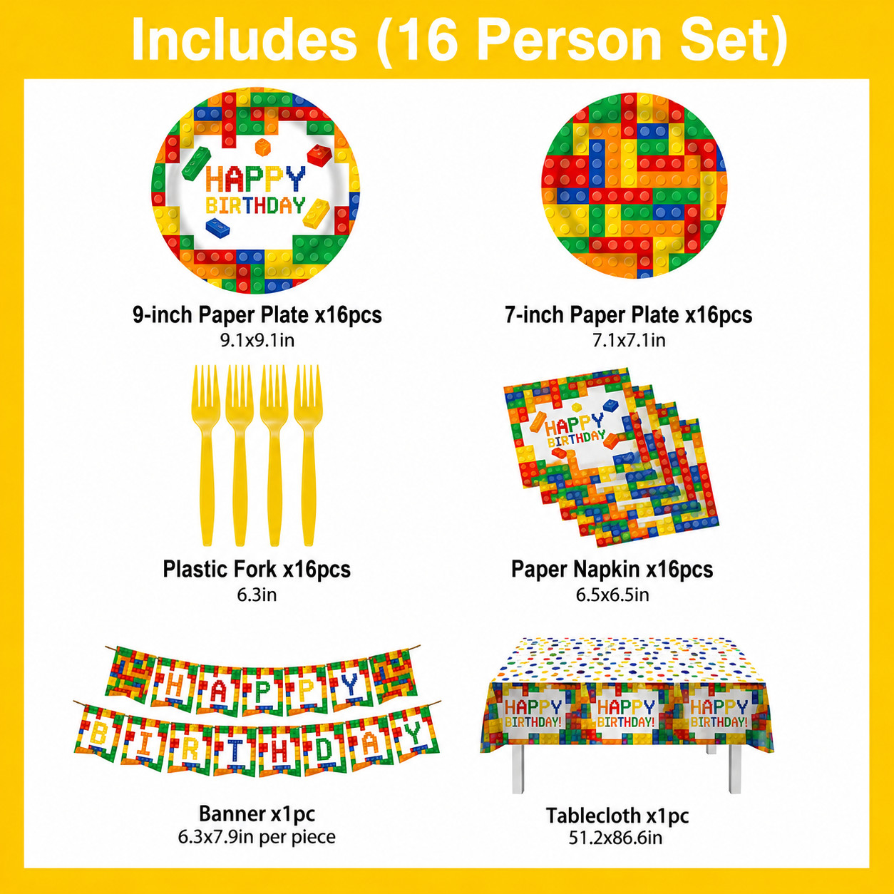 Building Blocks Birthday Party Supplies for 16 Guests Fits LEGO building brick