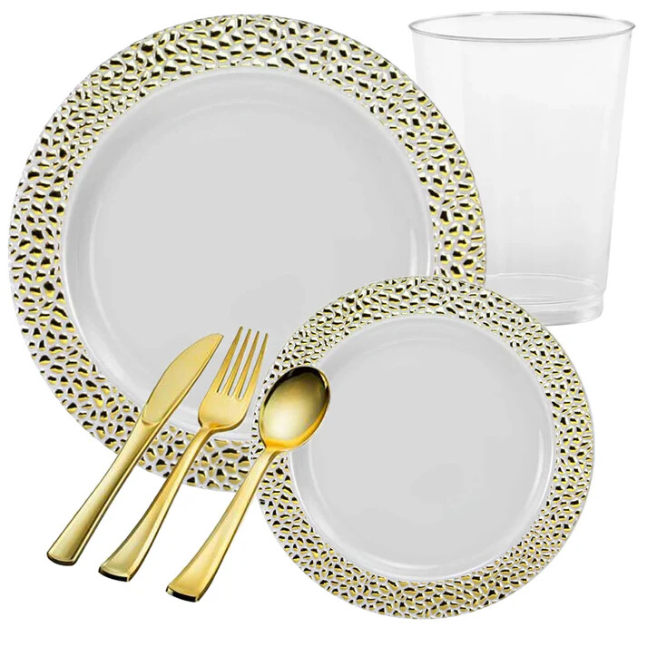 PEBBLED COLLECTION Disposable Gold Plastic Tableware Set Wedding Party Package