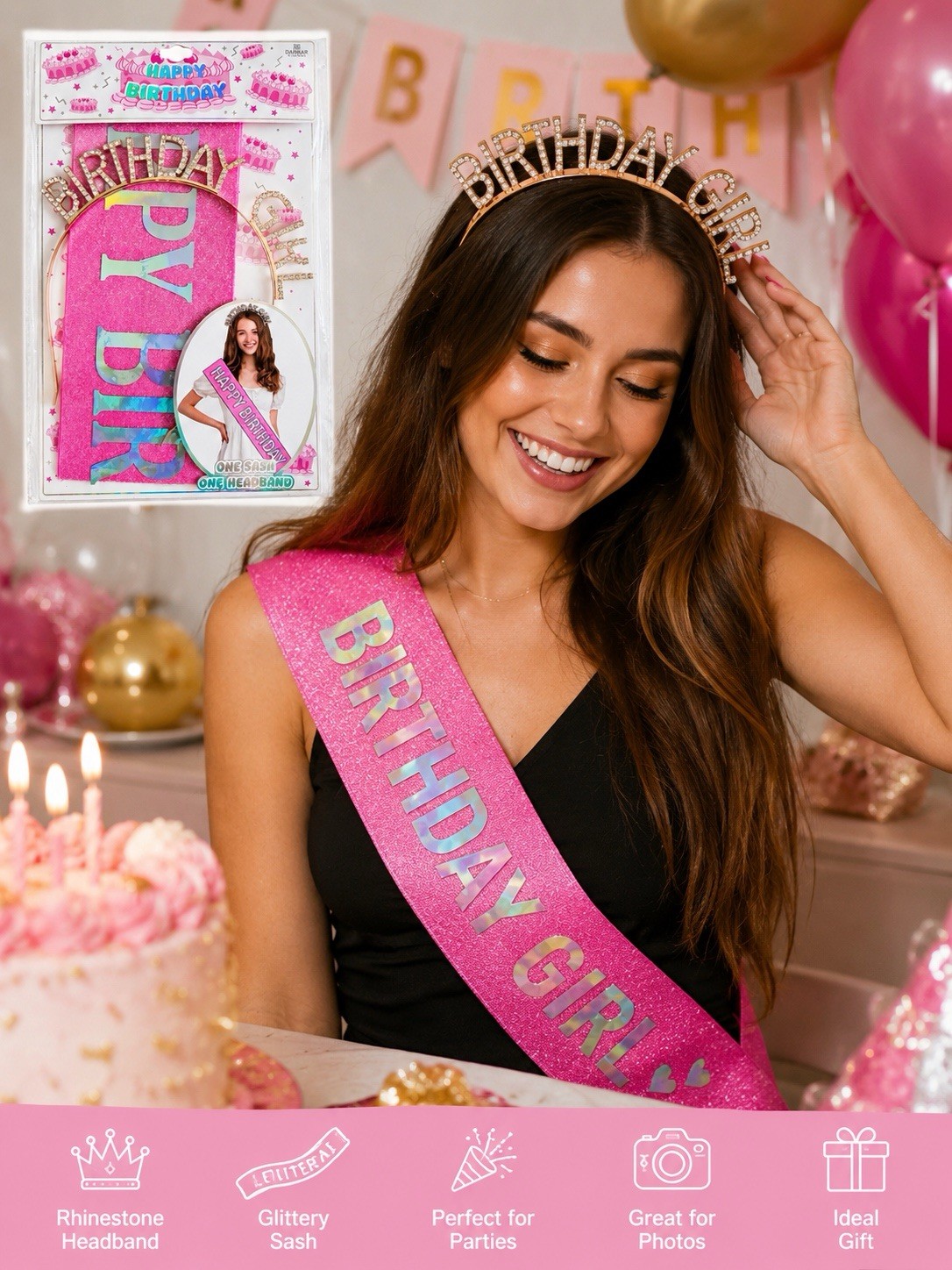 Danbar Global Birthday Girl Sash & Rhinestone Headband Set, Pink/Gold