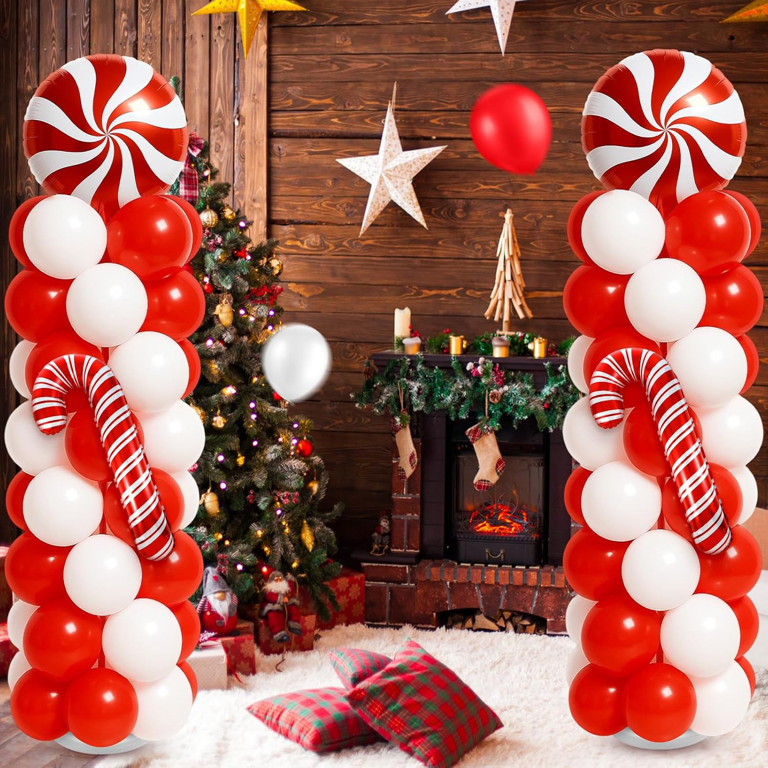 Kinlop 2 Sets Christmas Balloon Column Stand Kit with Candy and Candy Cane Foil