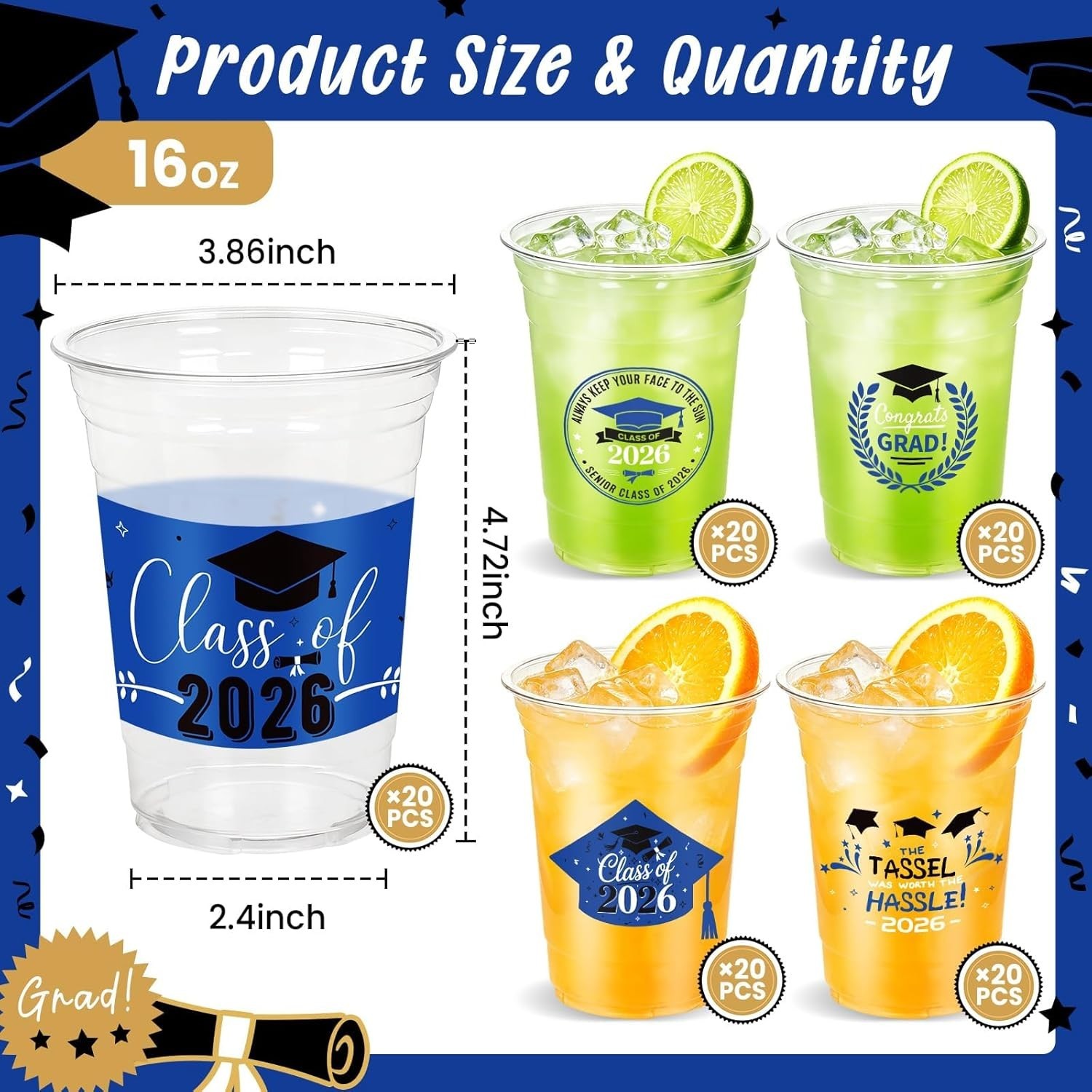 100 Pack 16oz Blue Graduation Decorations Cups, Class of 2026 Disposable Plas…