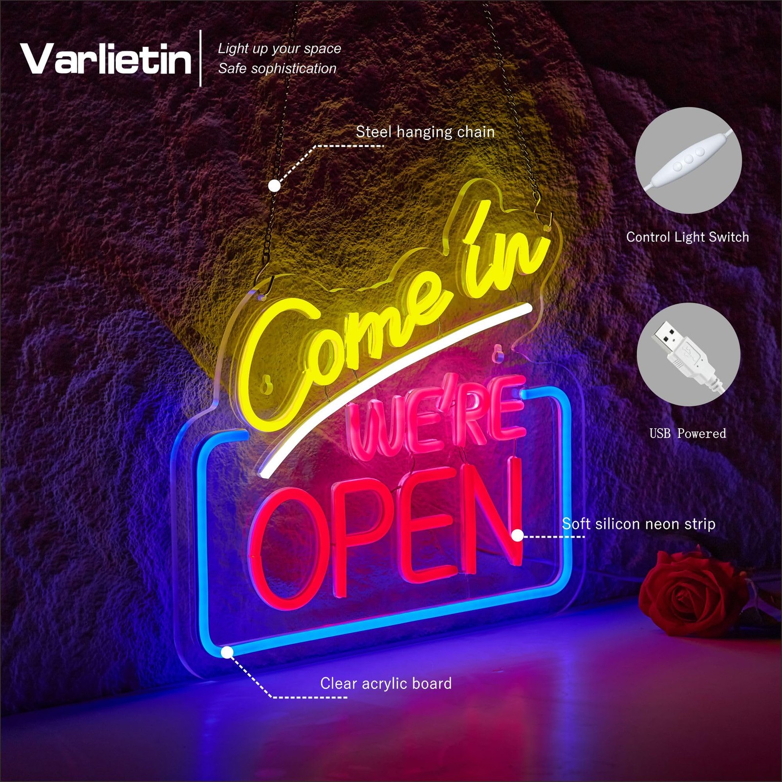 Come In We’re Open Neon 14.6 inches by 12.6 inches, Yellow + Pink + Blue