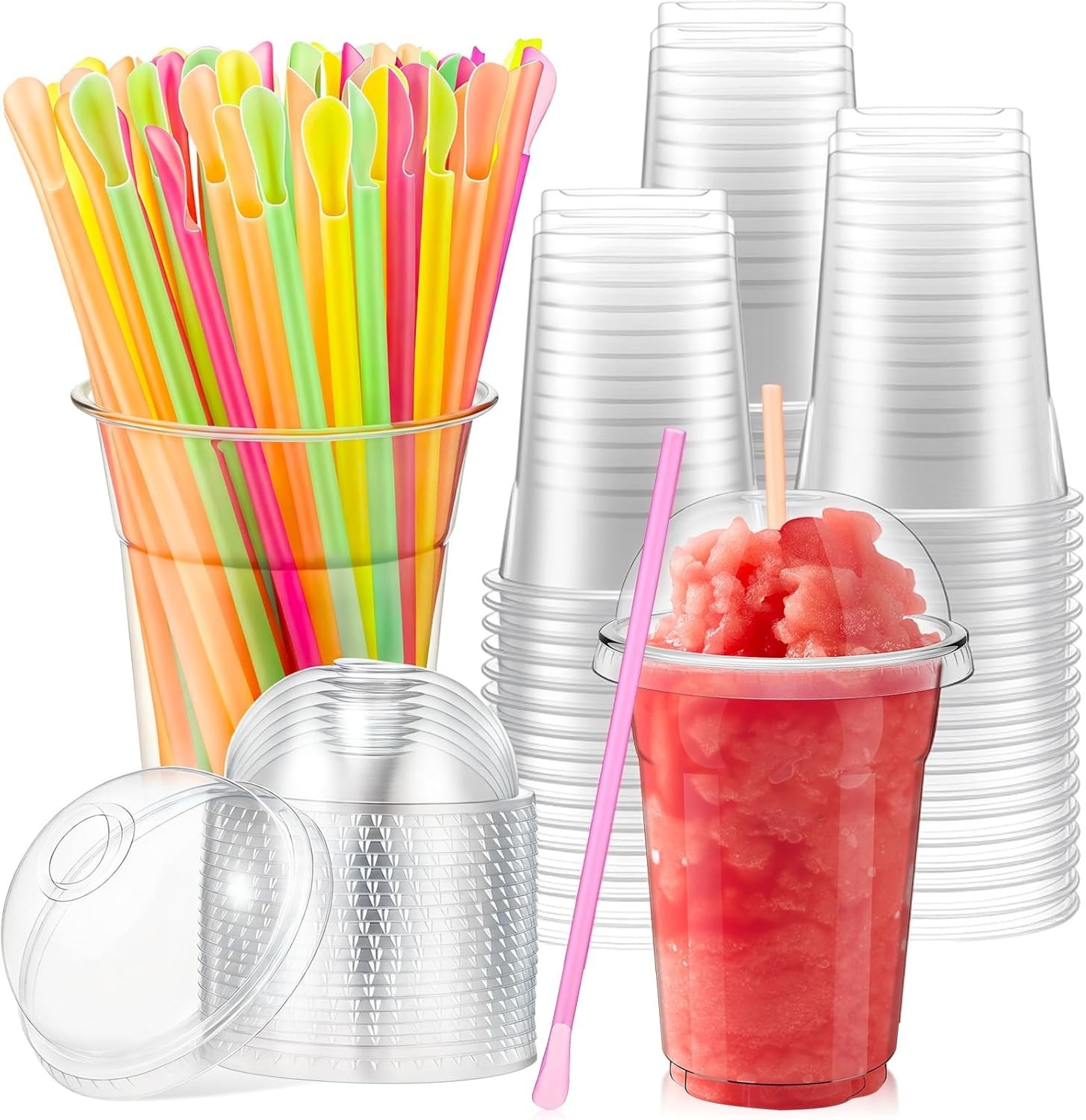 100 Sets 16oz Clear Slushie Cups with Dome Lids and Snow Cone Spoon Straws, D…
