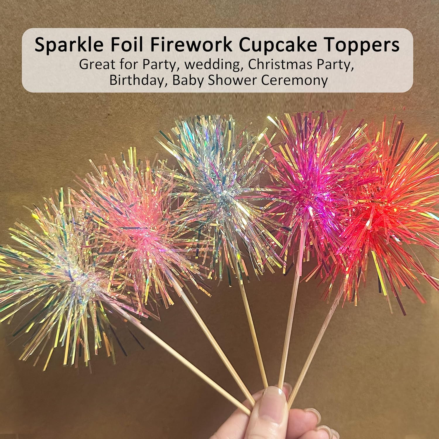 10PCS Foil Firework Cupcake Toppers, Happy Birthday Cake Toppers, Sparkle Tinse