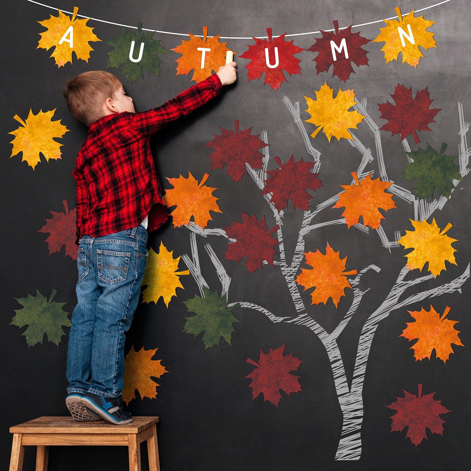 50 PCS Fall Autumn Maple Leaves Solid Cardboard Cutouts 100 Glue Points Decor