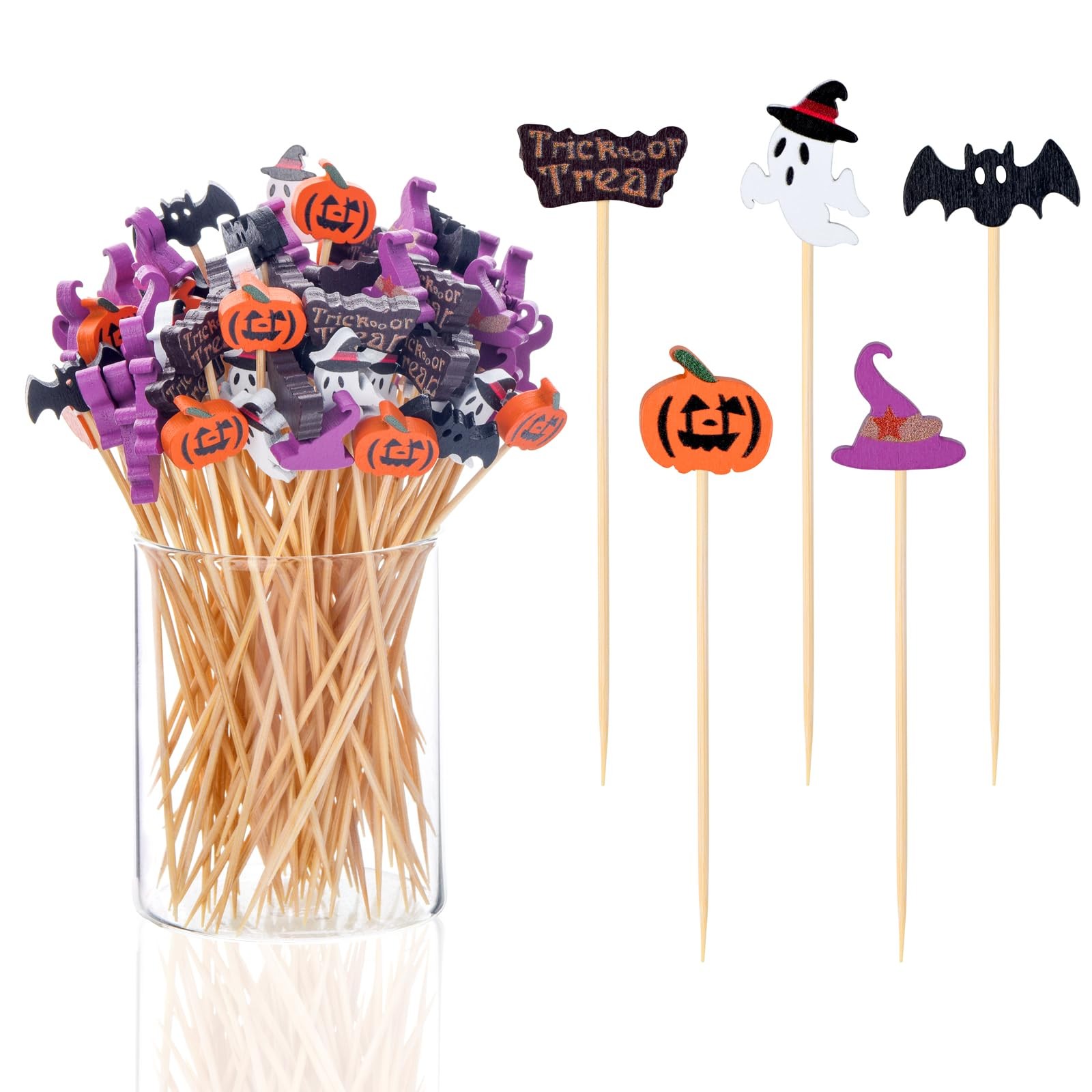 100 Pack Halloween Toothpicks For Appetizers 4.7 Inch Natural Bamboo Cocktail Pi