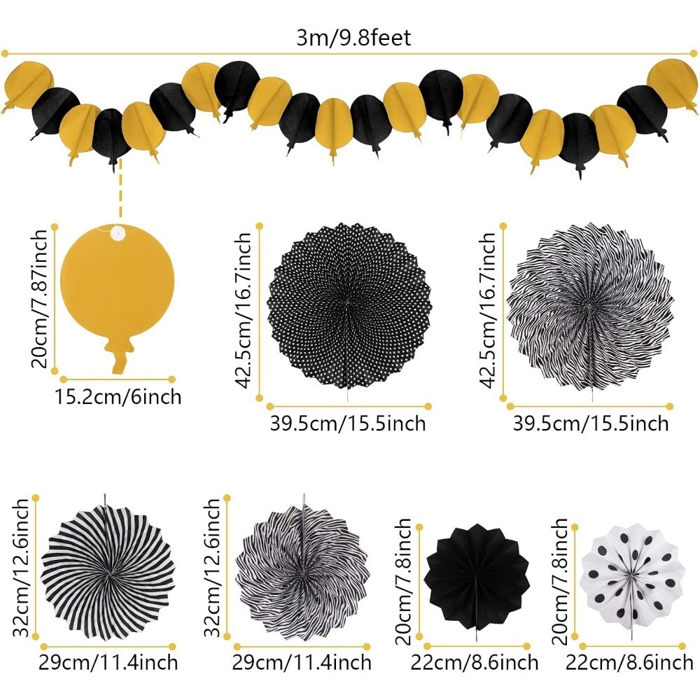 Black and Gold Decorations, Paper Pompoms Fan for Graduation Birthday Wedding