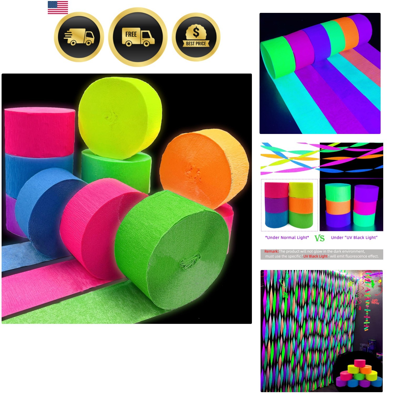 600 feet Glow Crepe Paper Streamers UV Glow Party Neon Streamer Decorations G…