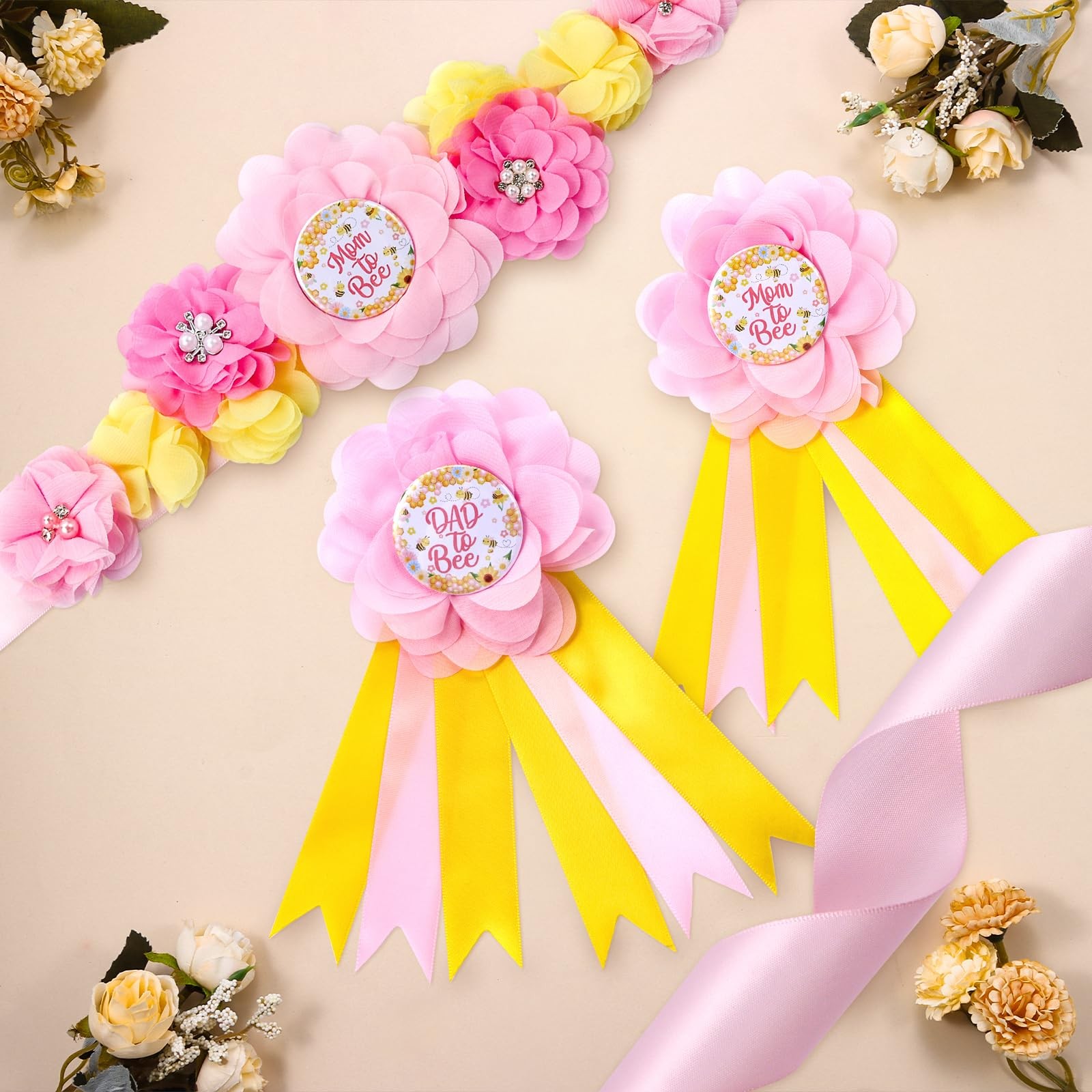 Maternity Sash Corsage Set Mom Daddy To Be Pins Fabric Flower Baby Shower Prop