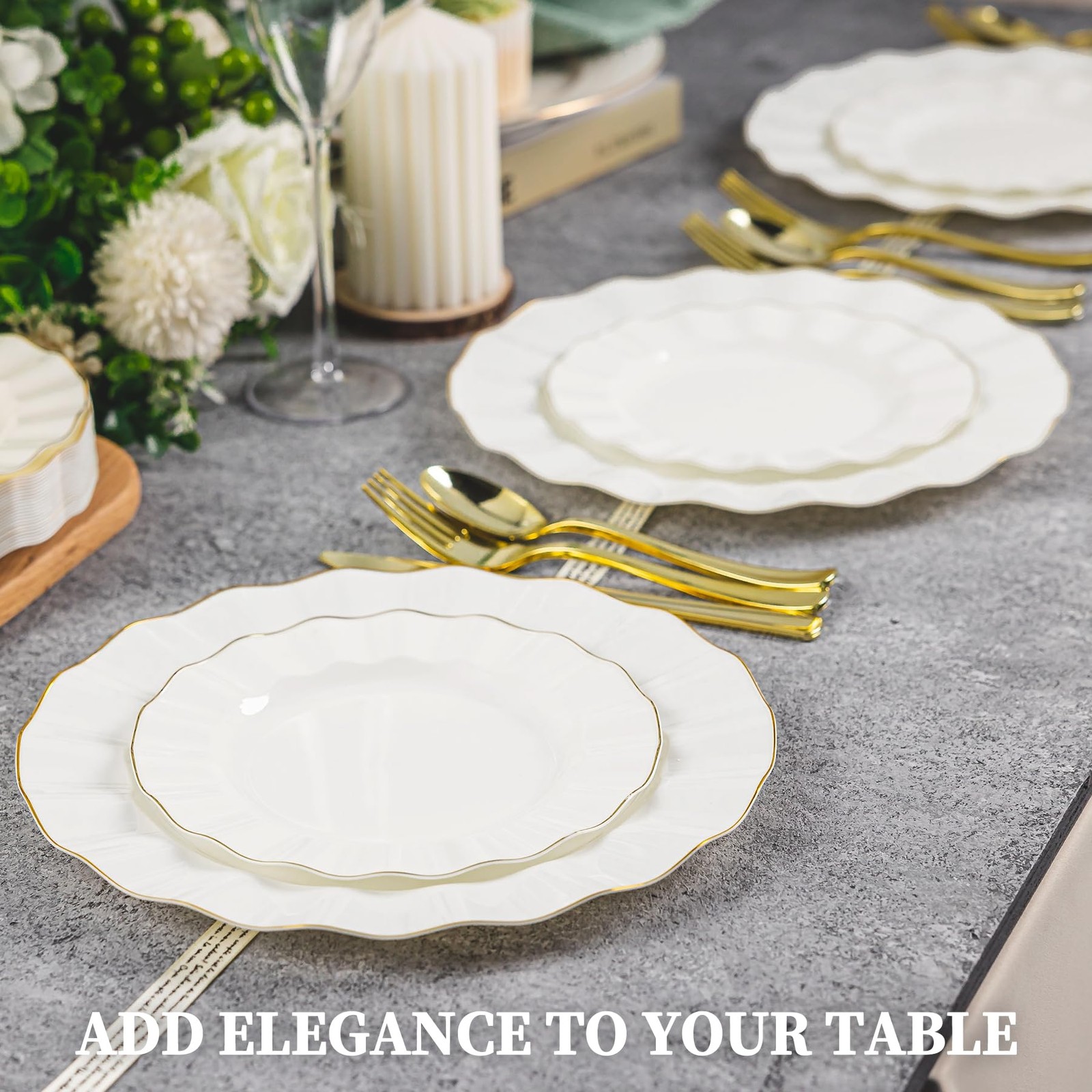125PCS Ivory Plastic Plates Sets with Gold Rim, Gold Dinnerware Set for 25 Gu…