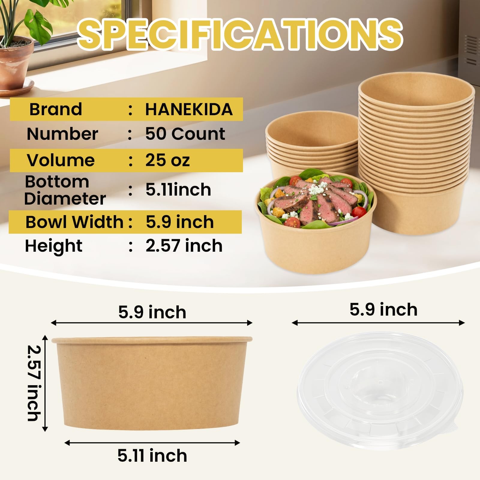 50 Count 25 oz Large Disposable Paper Bowls with Lids, Salad Containers for L…