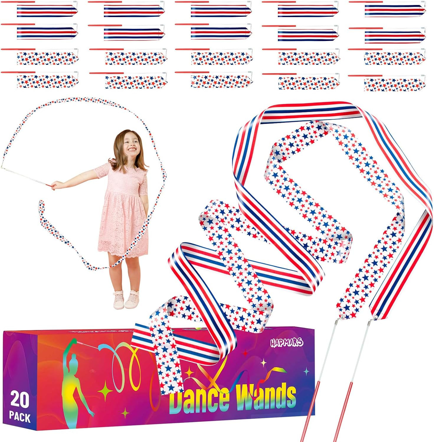 20 Pack Ribbon Dancer Wands for Patriotic Party Favors Supplies, Dancing Ribbon