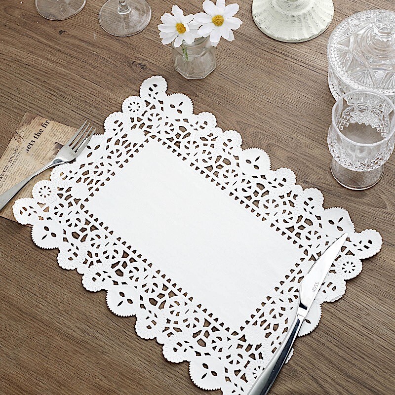 White Rectangle DISPOSABLE PAPER DOILIES PLACEMATS Lace Trim Table Decorations