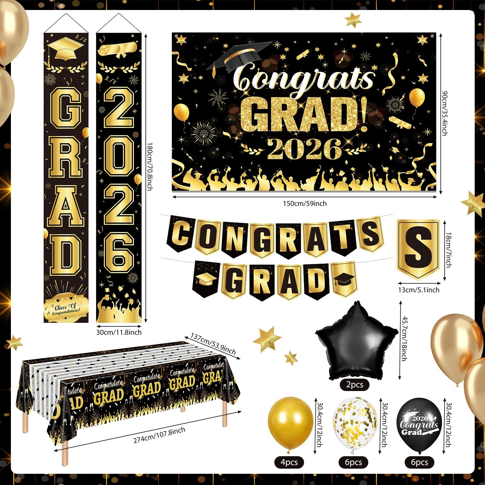 Black Gold Graduation Decorations 2026 Congrats Grad Party Supplies Set Fabri…