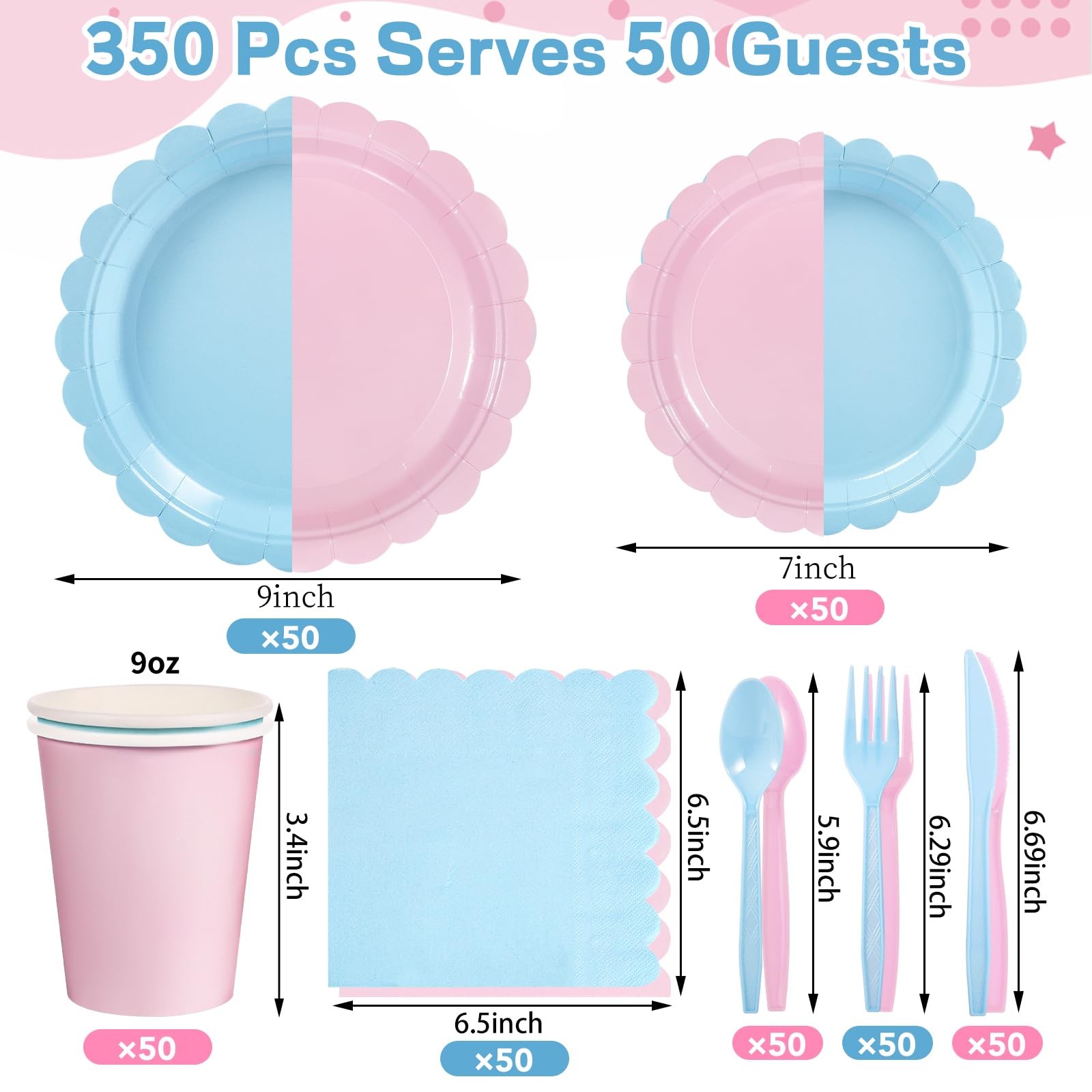350 PCS Baby Gender Reveal Plates Napkins Party Supplies Light Pink Blue Set