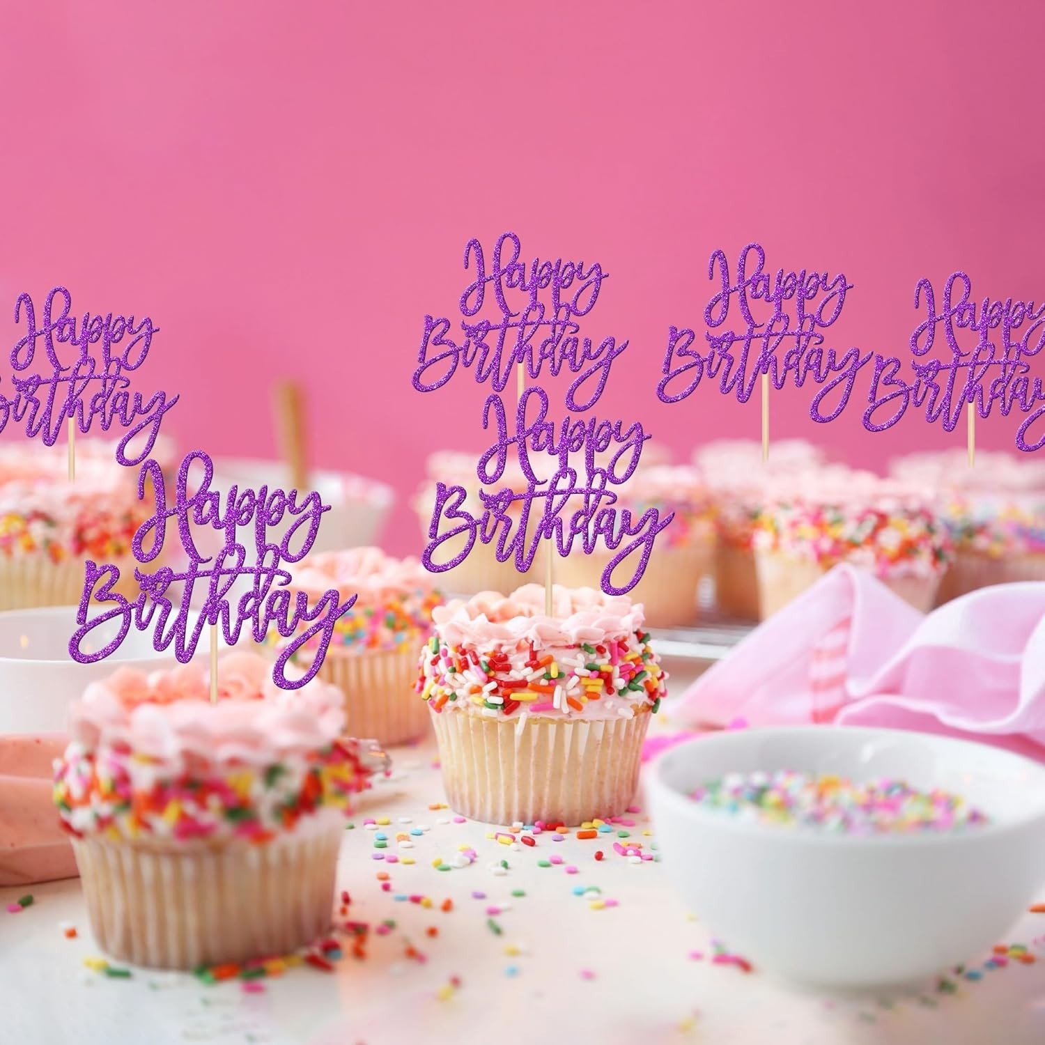 24 PCS Glitter Happy Birthday Cupcake Toppers – Purple Cupcake Picks for Cele…