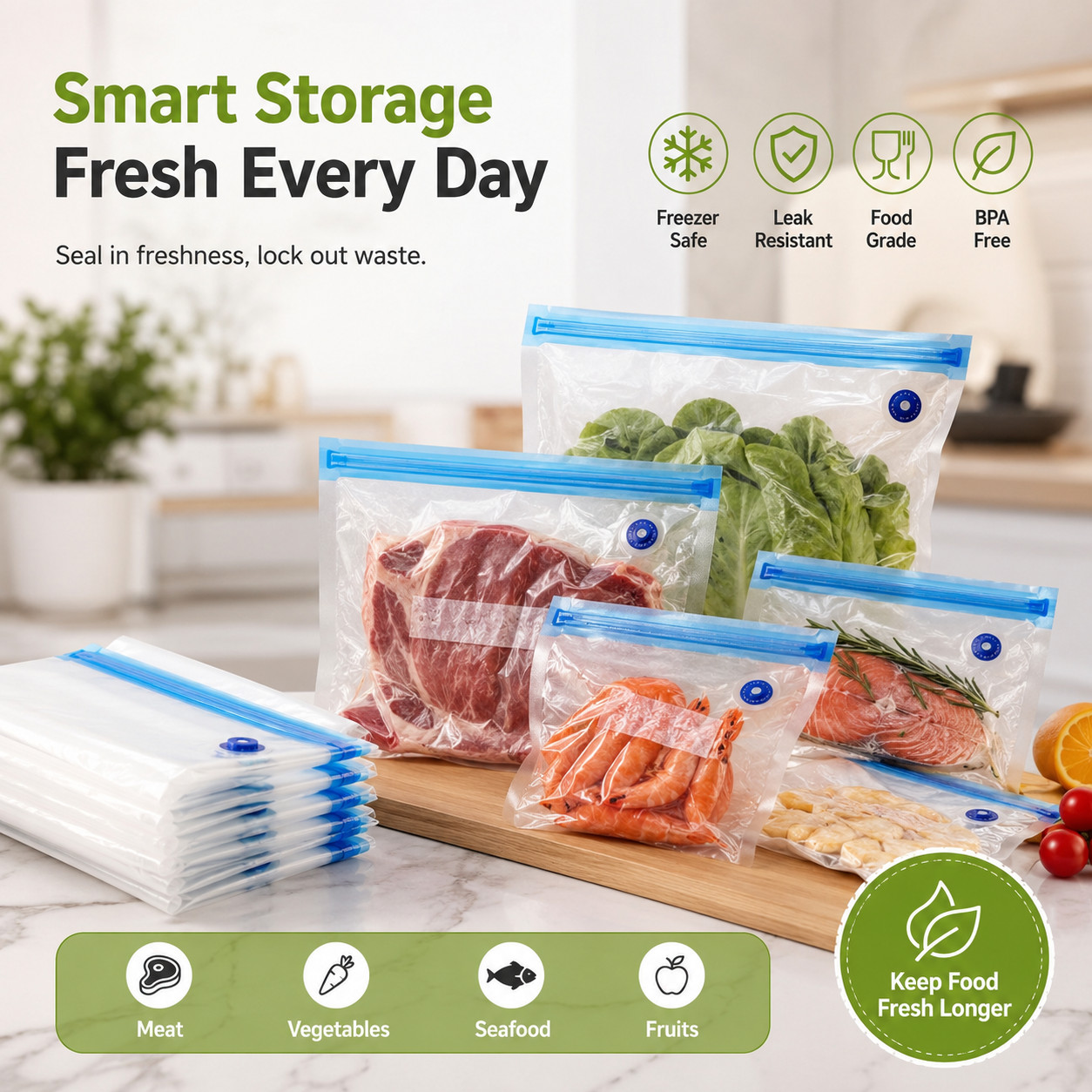 Reusable Vacuum Sealer Bags Food Storage Bags Freshness Freezer Sous Vide 3 Size