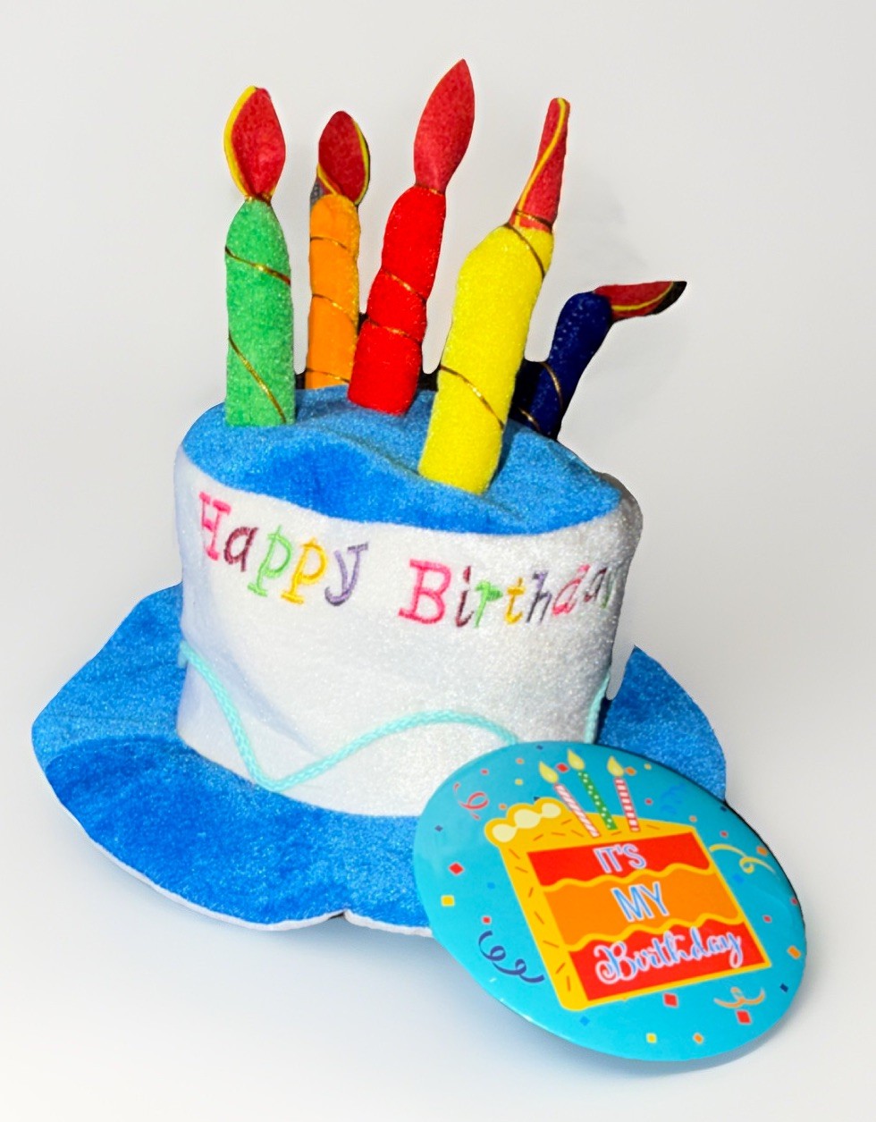 Birthday Cake with Candles Hat, Unisex, Adult, Gag Gift, Badge included.