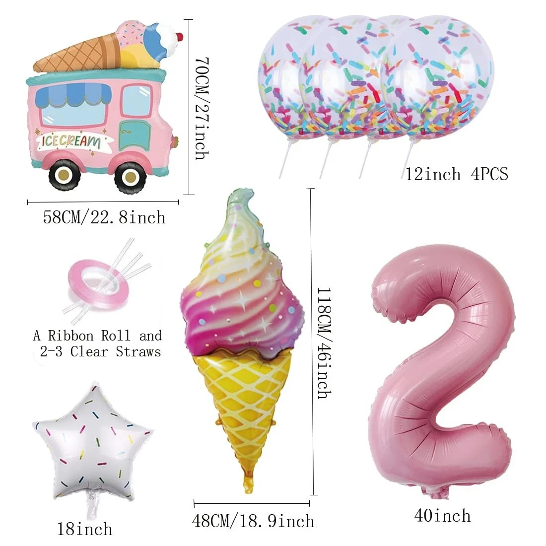 2nd Birthday Decor, Ice Cream Balloons & Cone Hat to Celebrate Your Special Girl