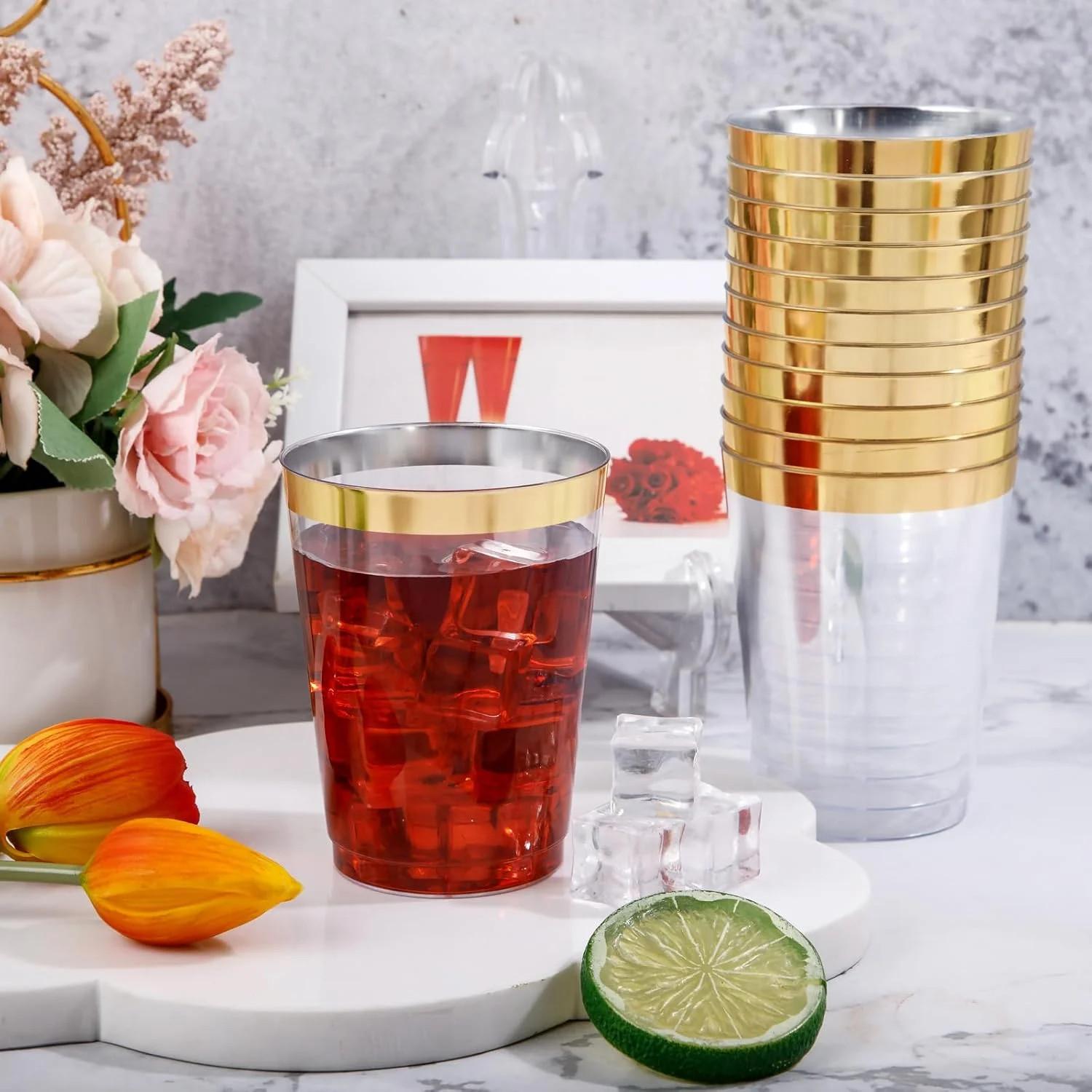 DaYammi 200 Pack Gold Plastic Cups 10 Oz Clear Cup Gold Rimmed Disposable Wine G