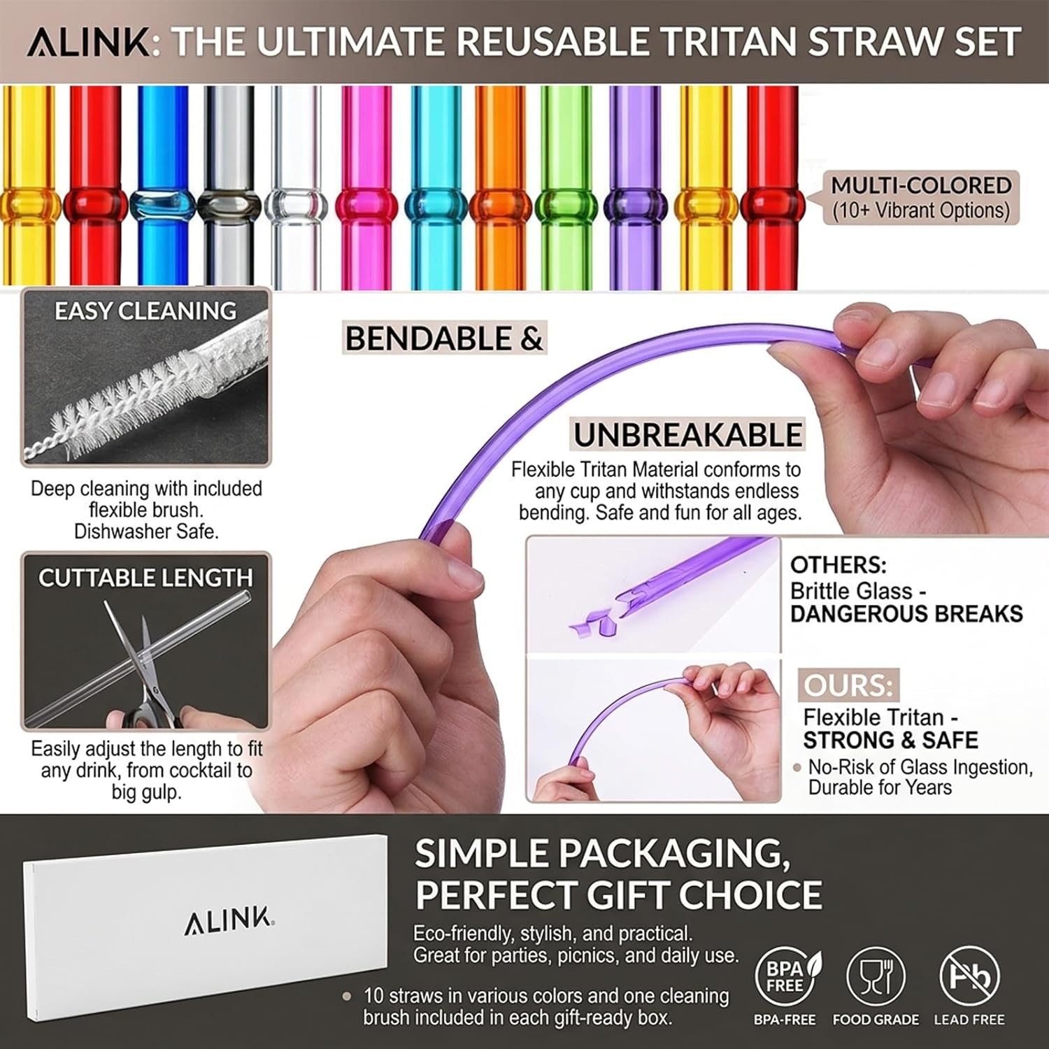 Vibrant Rainbow 10.5-Inch Reusable Straws for Tumblers – BPA-Free & Easy Clean