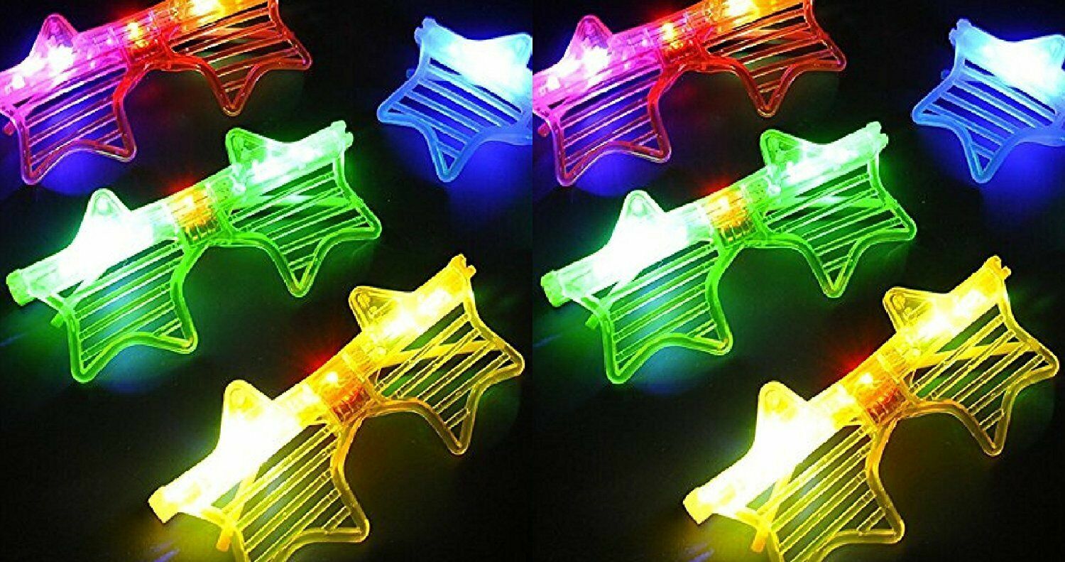 12/pk Shutter Star Shape LED Light Up Sunglasses Flashing Assorted Multi Colored
