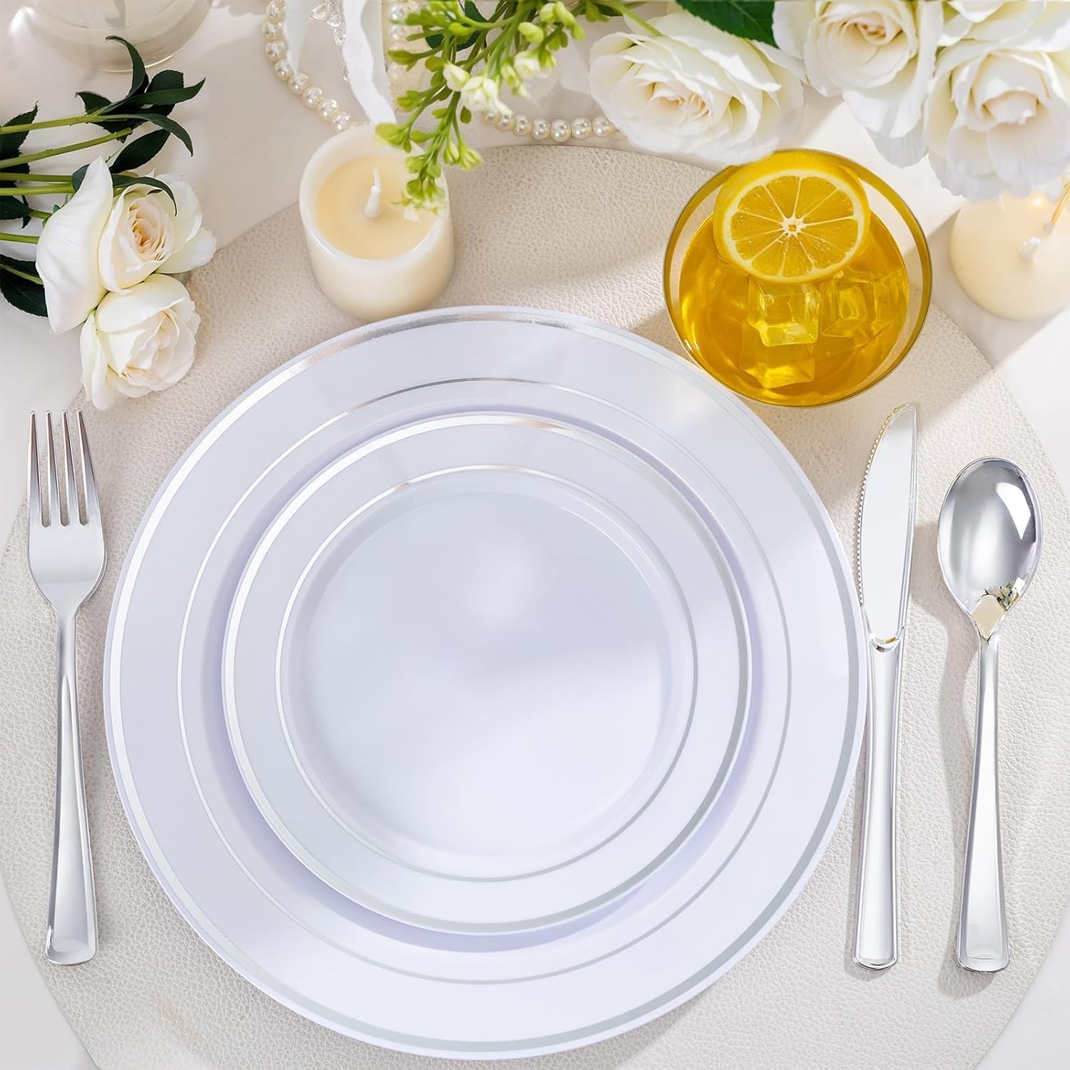 600 PCS Silver Disposable Dinnerware Set for 100 Guests Wedding Plates & Tablewa