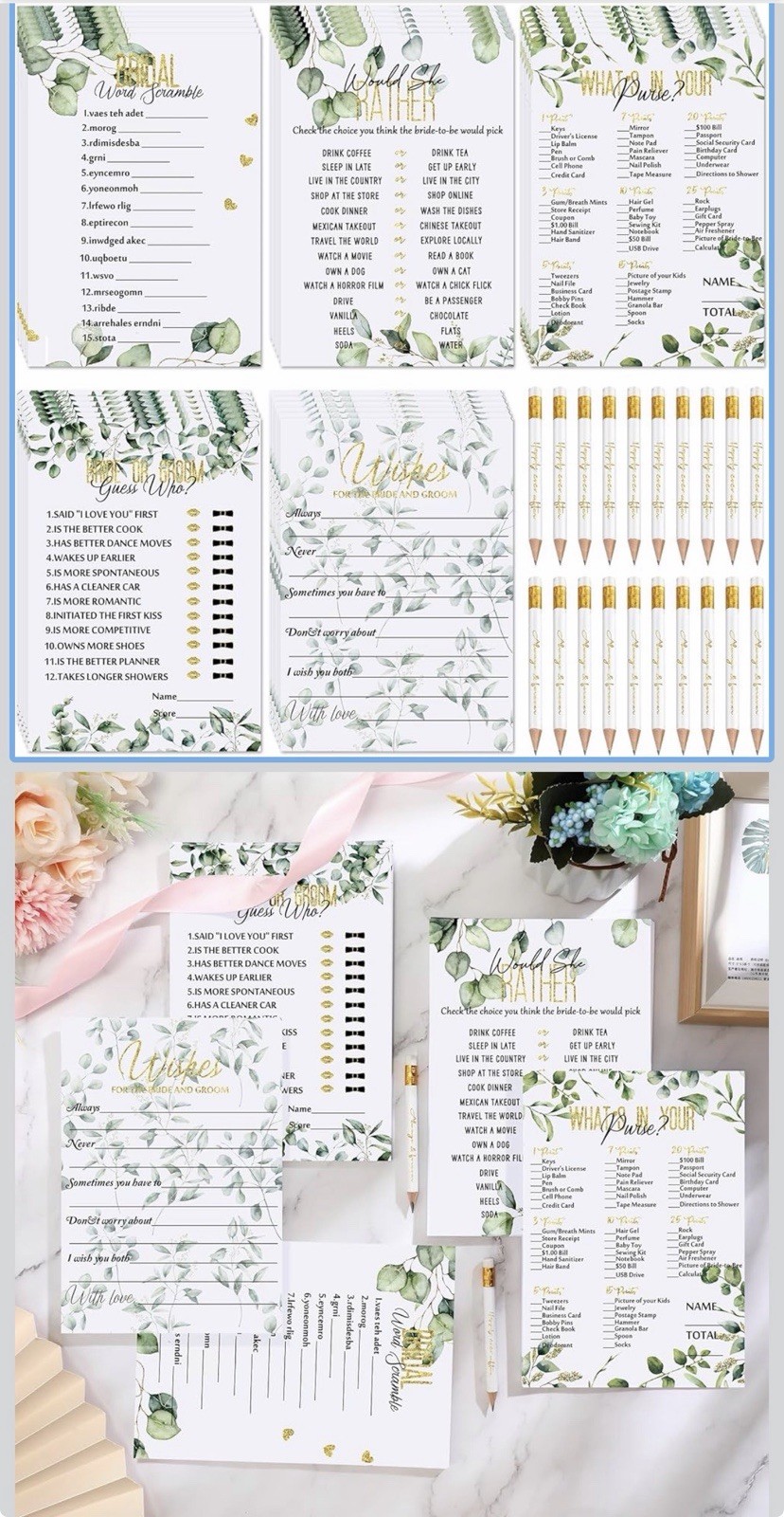 Tinlade 220 Pcs Floral Bridal Shower Game Set for 40 Guests Wedding Games Cards
