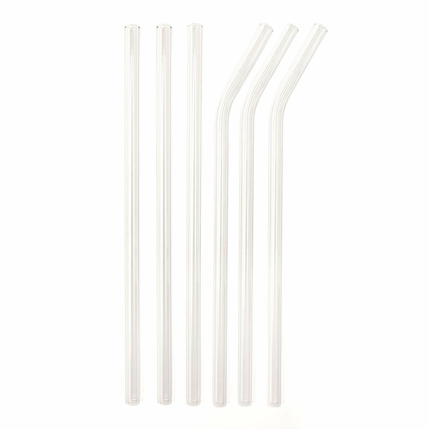Kikkerland Reusable 8″ Clear Glass Straws – Set of 6 with Cleaning Brush