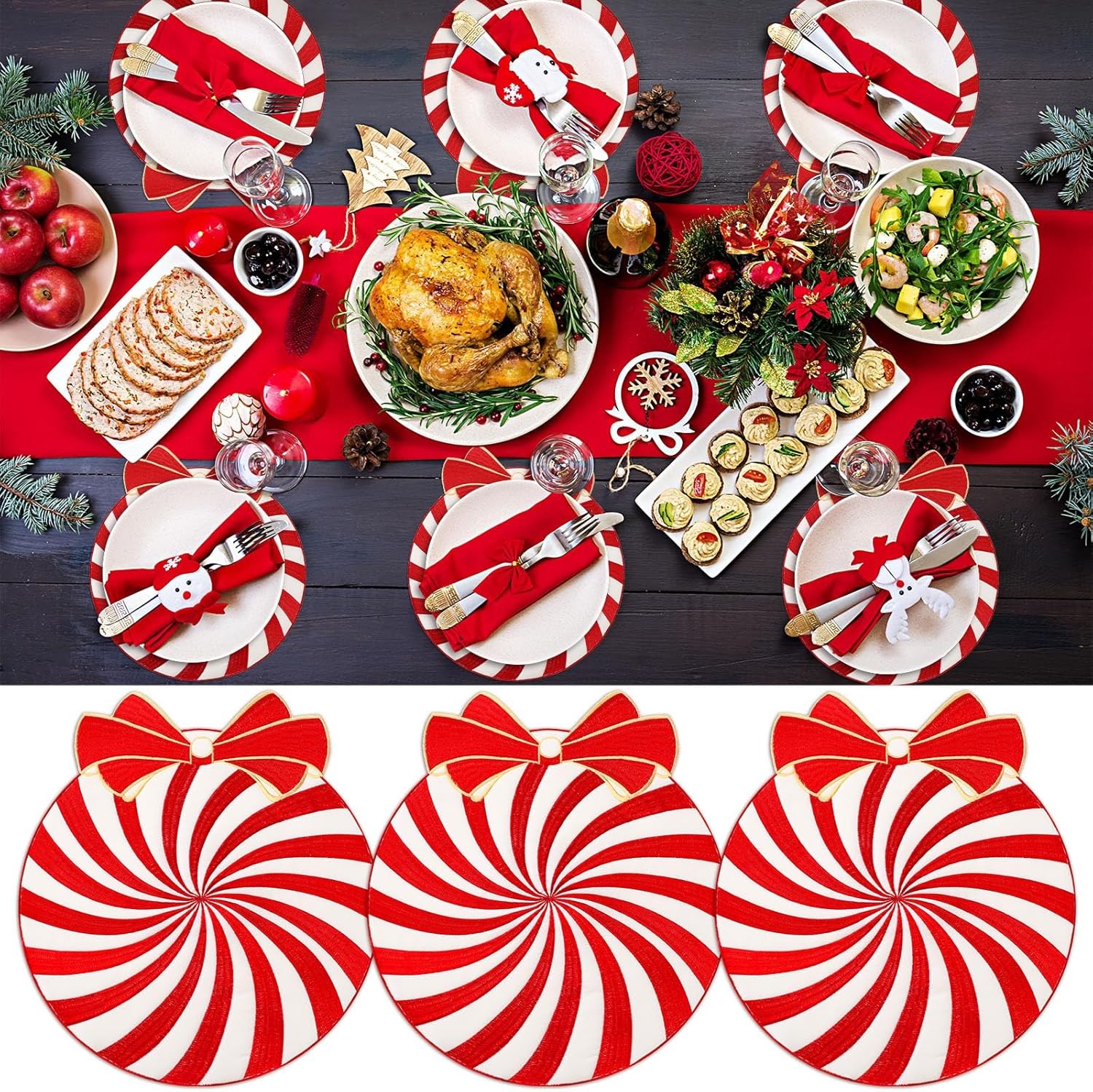 6 Pcs Christmas Placemats Embroidered Candy Round Place Mats 14 Red and White