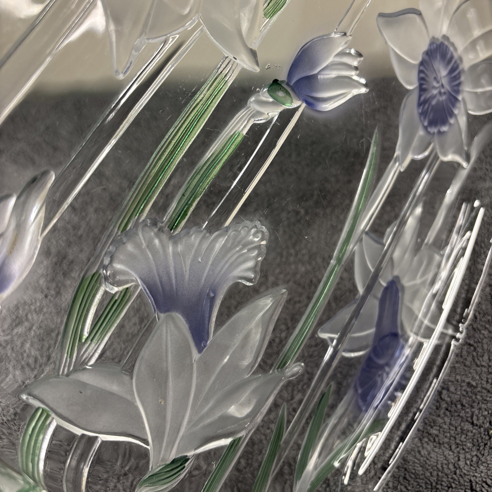 Large Mikasa ? Glass Art-Deco Charger Platter – Daffodil Blue / Clear 12″ x 12″