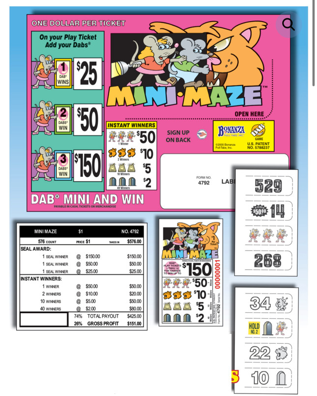 Pull Tab Ticket – Hard Card – Game – Mini Maze – 576 ct
