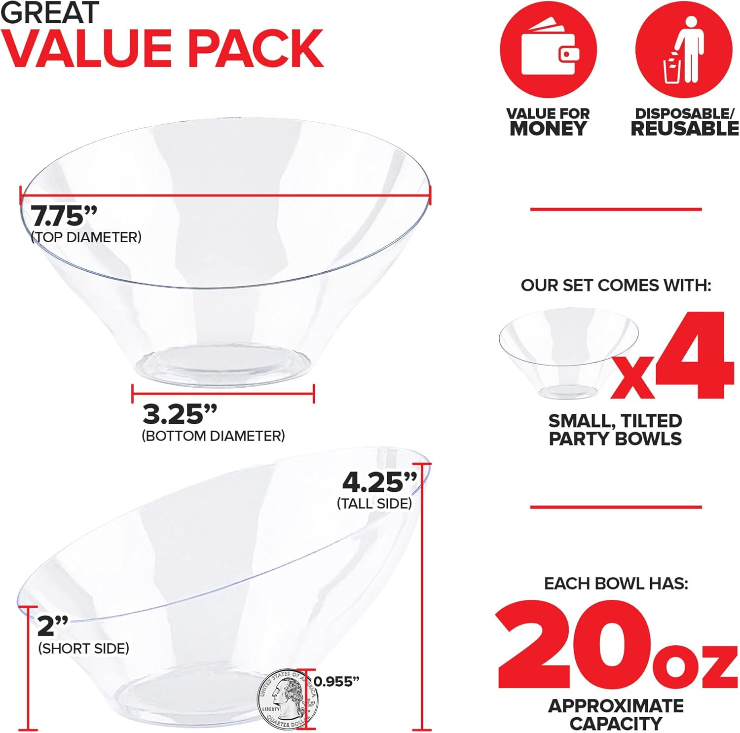 20Oz Clear Plastic Serving Bowls (4 Pack) Medium Disposable Candy Dishes, Buffet