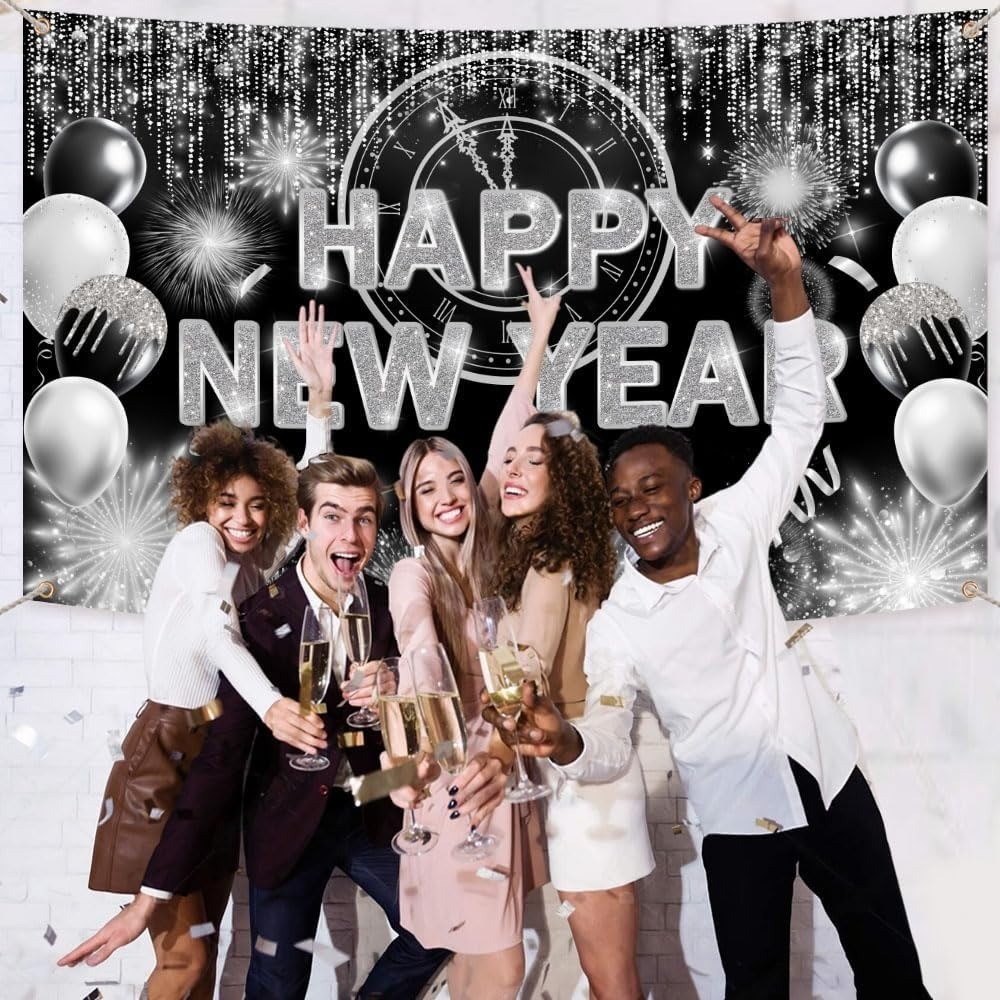 Black Silver Happy New Year Backdrop 2026 Kiss Me at Midnight Photography