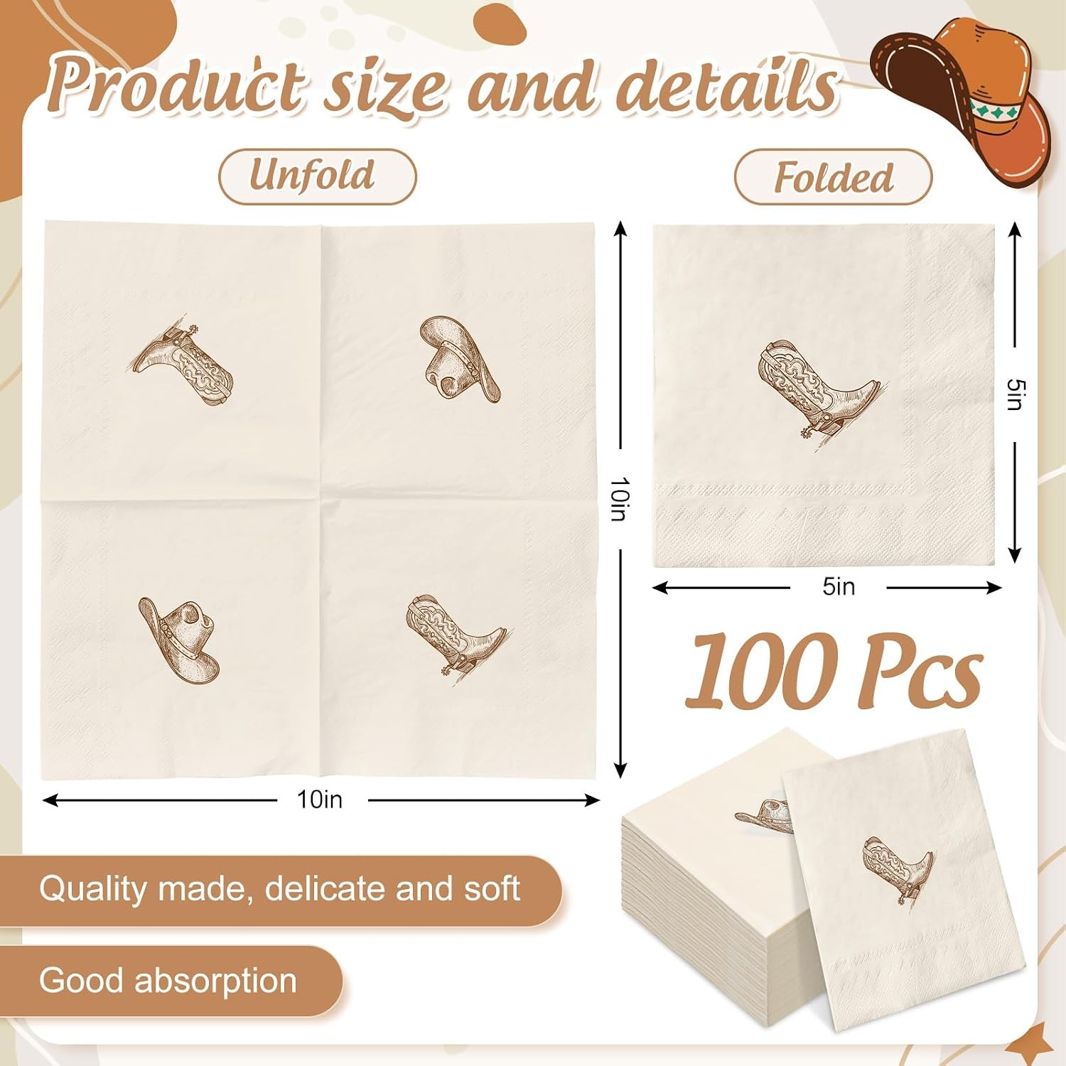 50Pcs Western Cowboy Cocktail Napkins, Brown Boot & Hat | Cowgirl Beverage