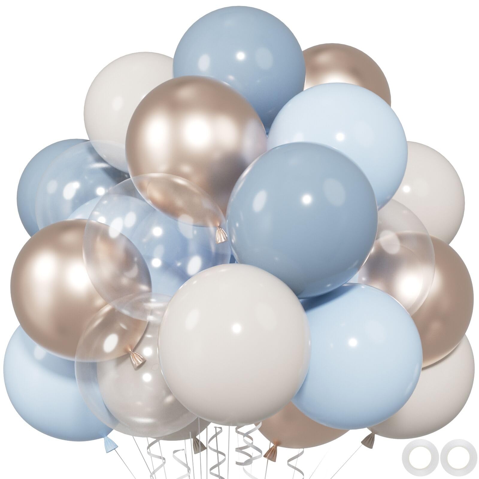 60pcs Dusty Blue Balloon Set, 12″ Baby Slate Blue, Sand White & Champagne Gol…